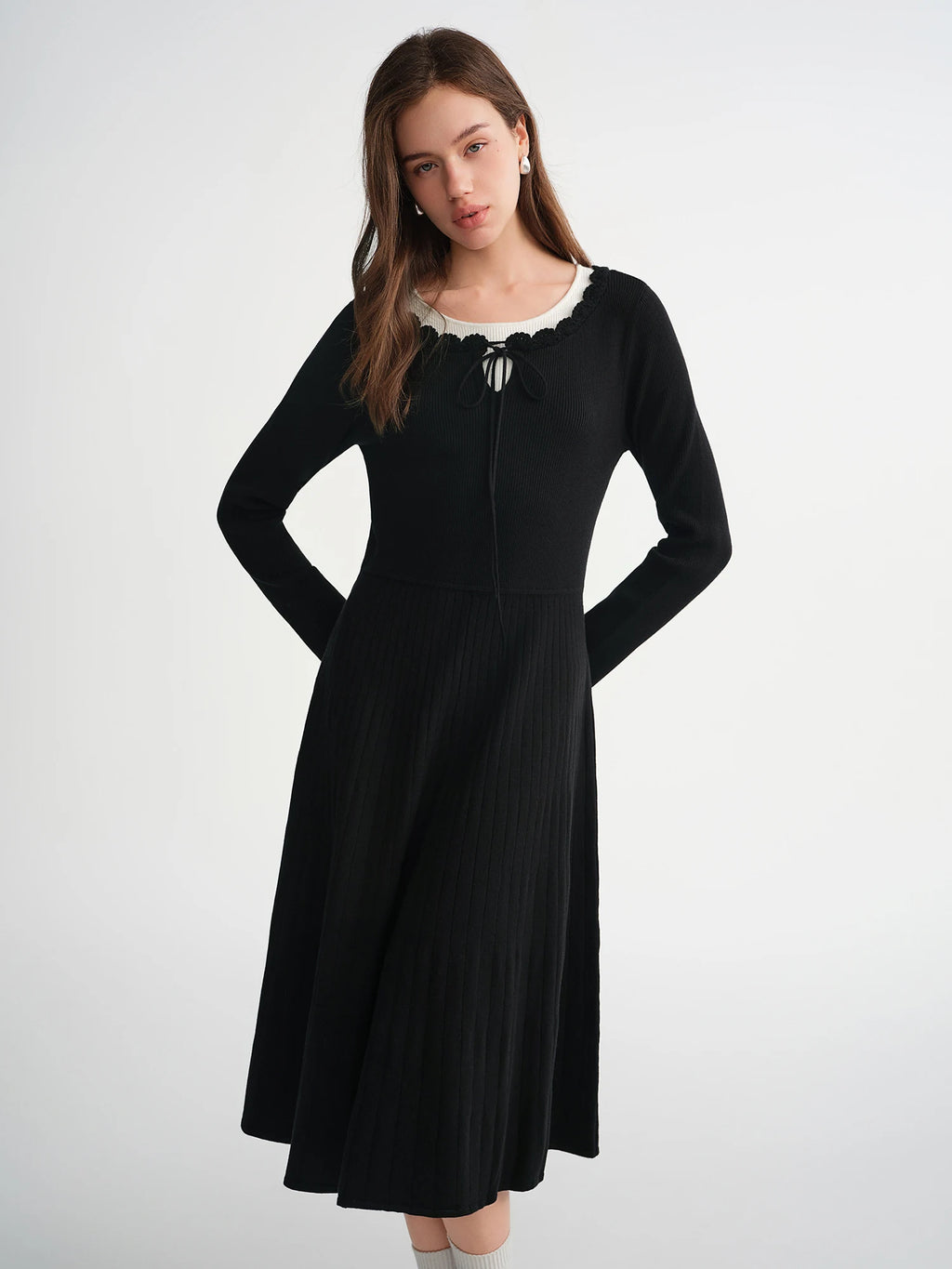 DUSHU Women's Fashion Private Romantic Color Clash Mock Two-Piece Knit Dress Elegant and Versatile Knit Dress for Curvy Women