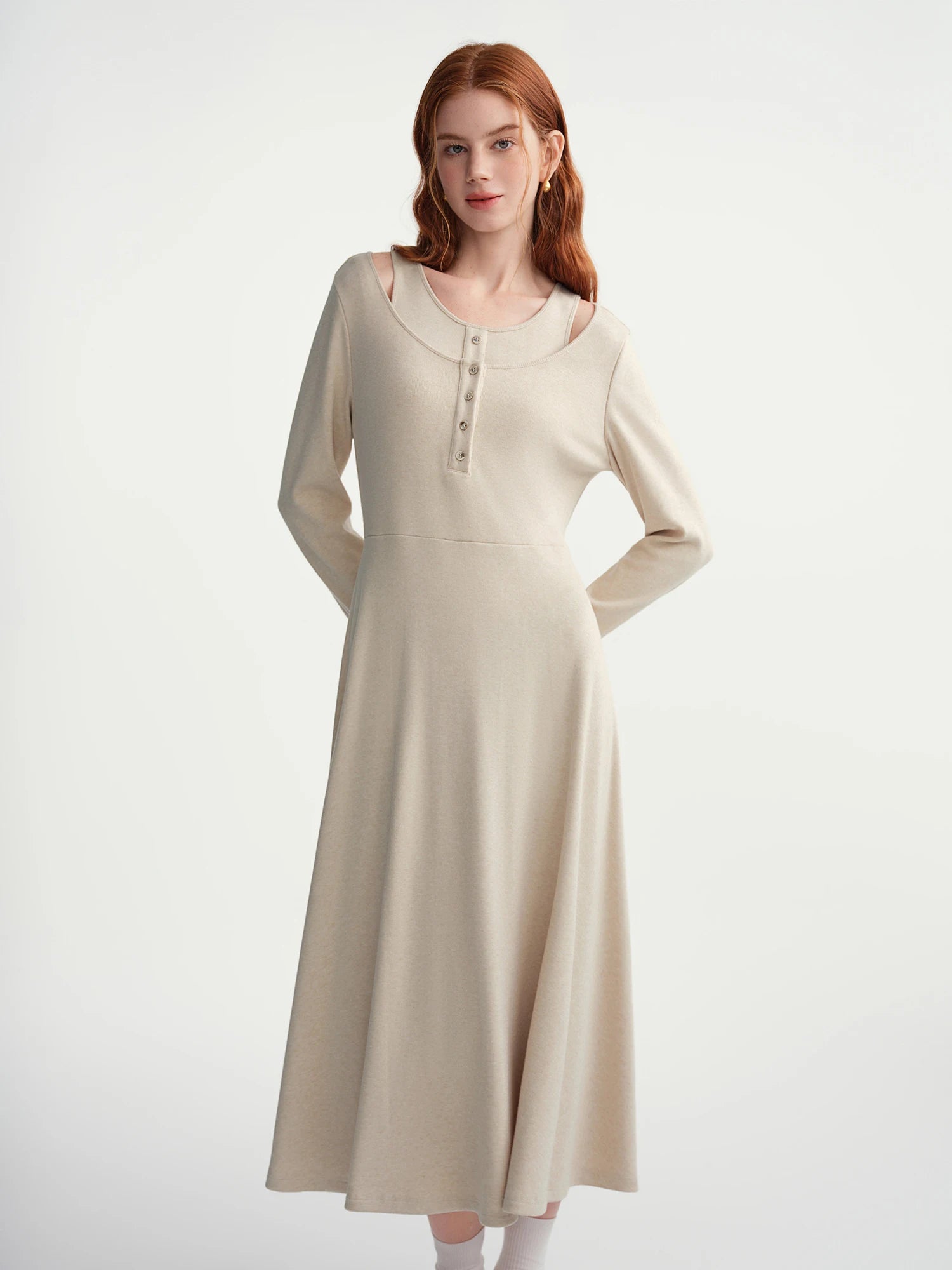 DUSHU Plus Women's Oat Coffee Two-Piece Styled Slim Fit Winter Layering Dress Plus-Size Slimming Stylish Retro-Inspired Design