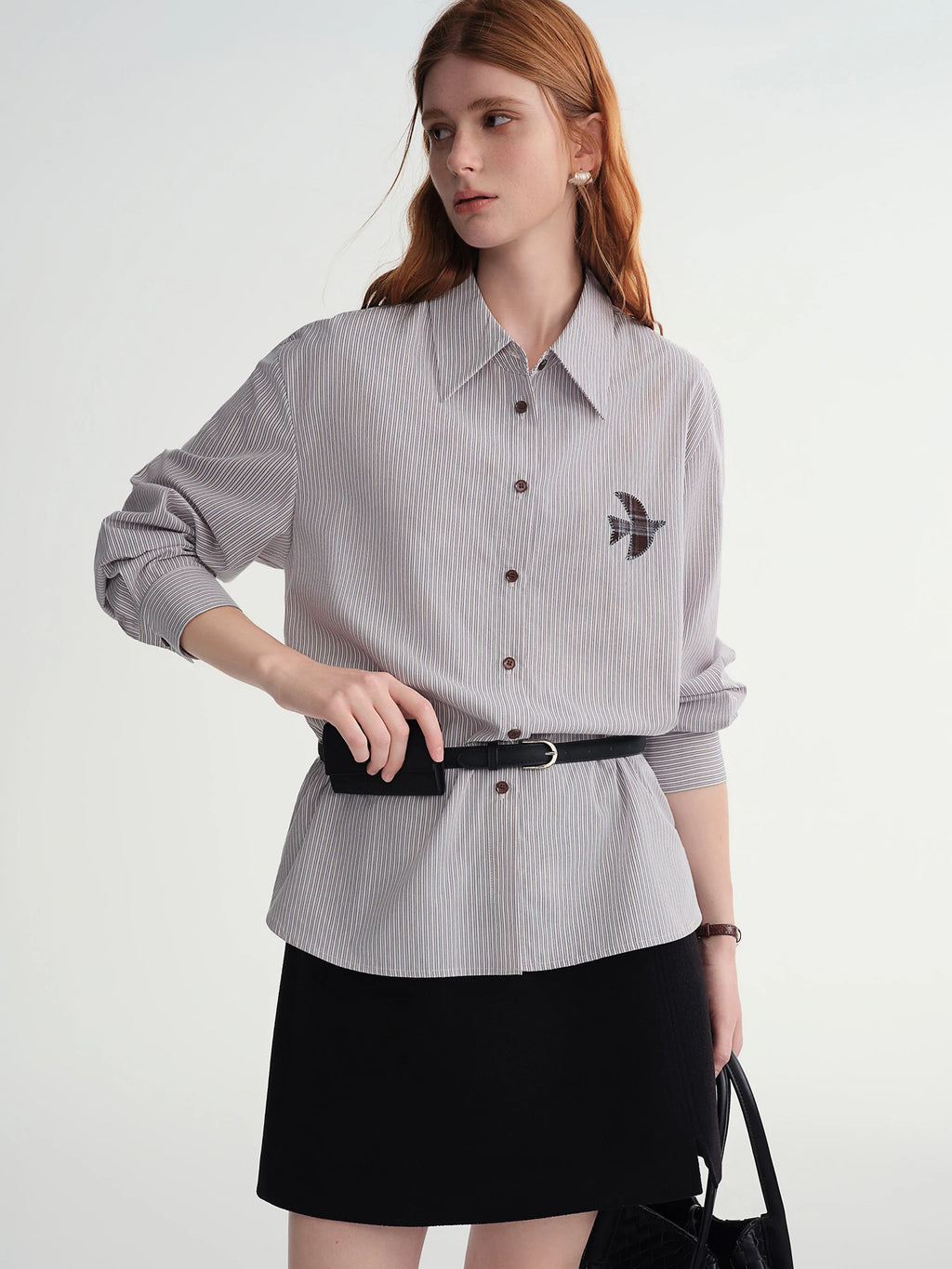 DUSHU Plus-Size Women Fashion The Birds Artistic Checkered Applique Embroidery Stripe Shirt  Winter 2025 Collection Women Shirt