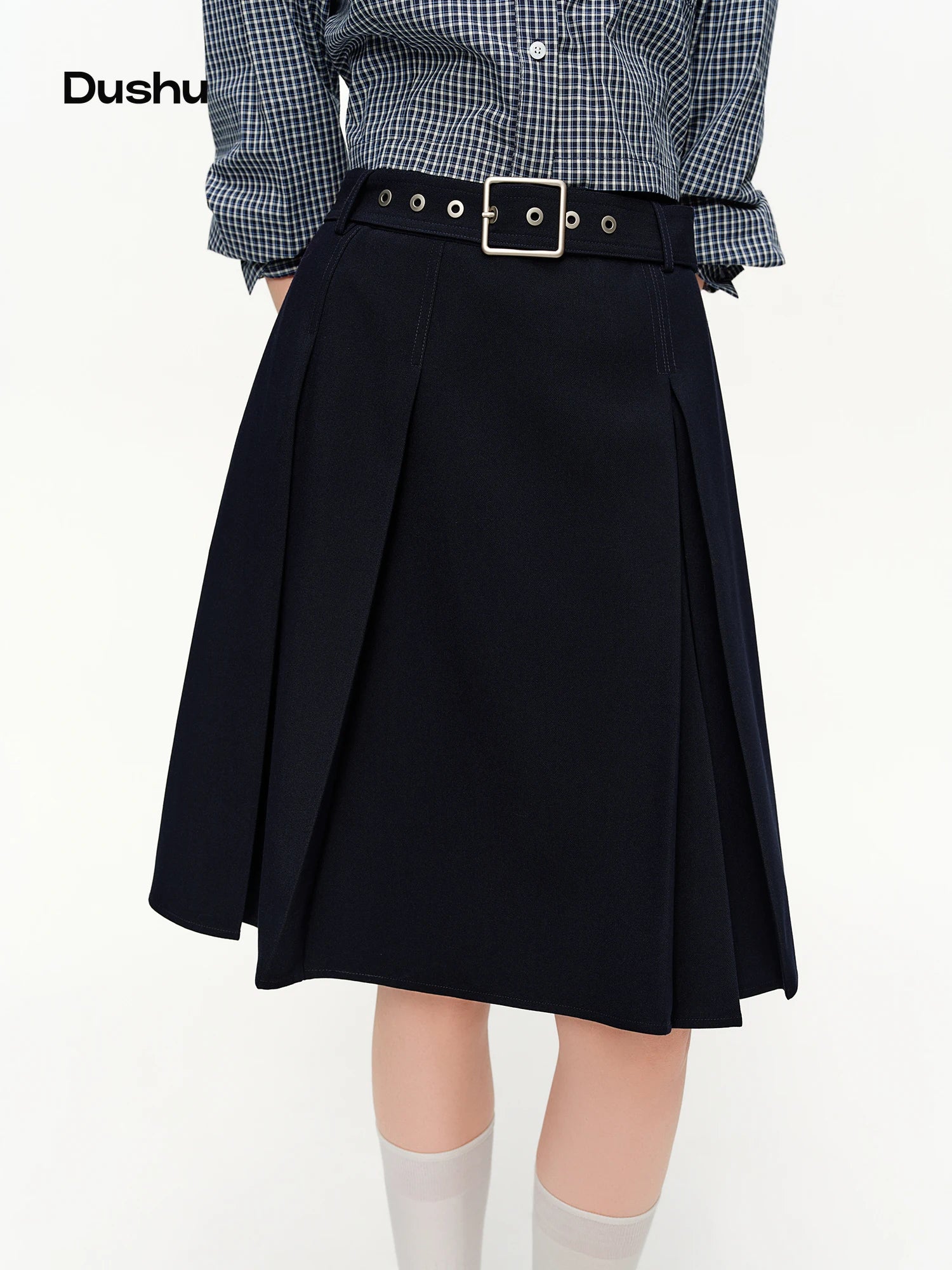 DUSHU 2026 Spring Women's High Waist Pleated A-Line Midi Skirt - Office Ready Flowy Elegant Skirt for Daily Commute
