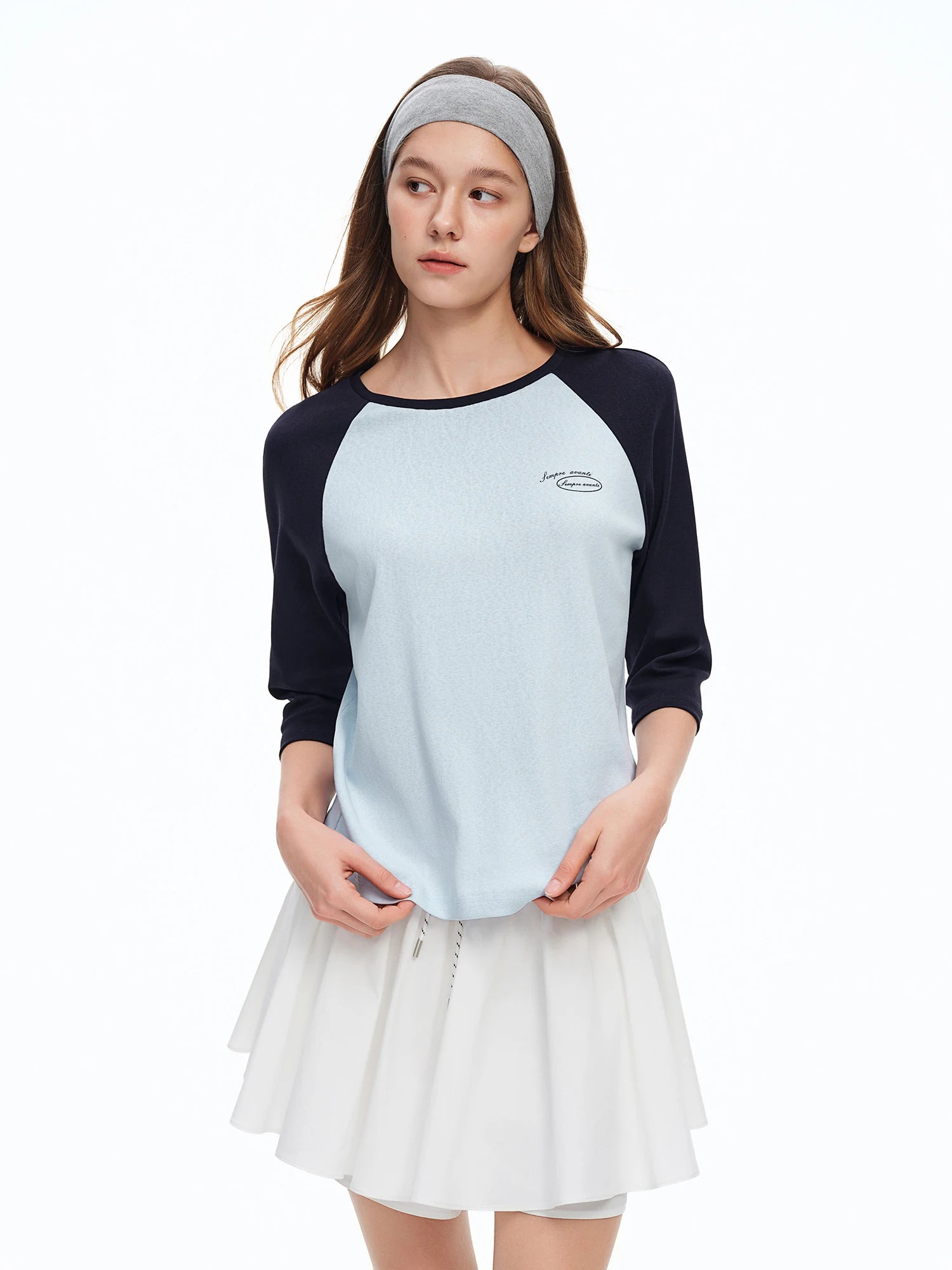 DUSHU 2026 Summer Women's Color Block Raglan Sleeve Three-Quarter T-Shirt - Casual Round Neck Top for Daily Wear and Summer