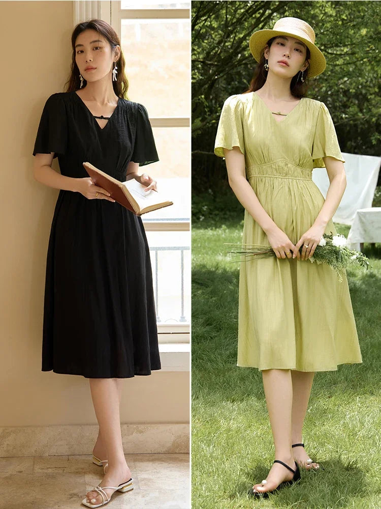 DUSHU French Style V-neck Elegant Casual Dress Summer New A-Line Long dress 2024 New Hepburn Style Ladies Dress 24DS82646