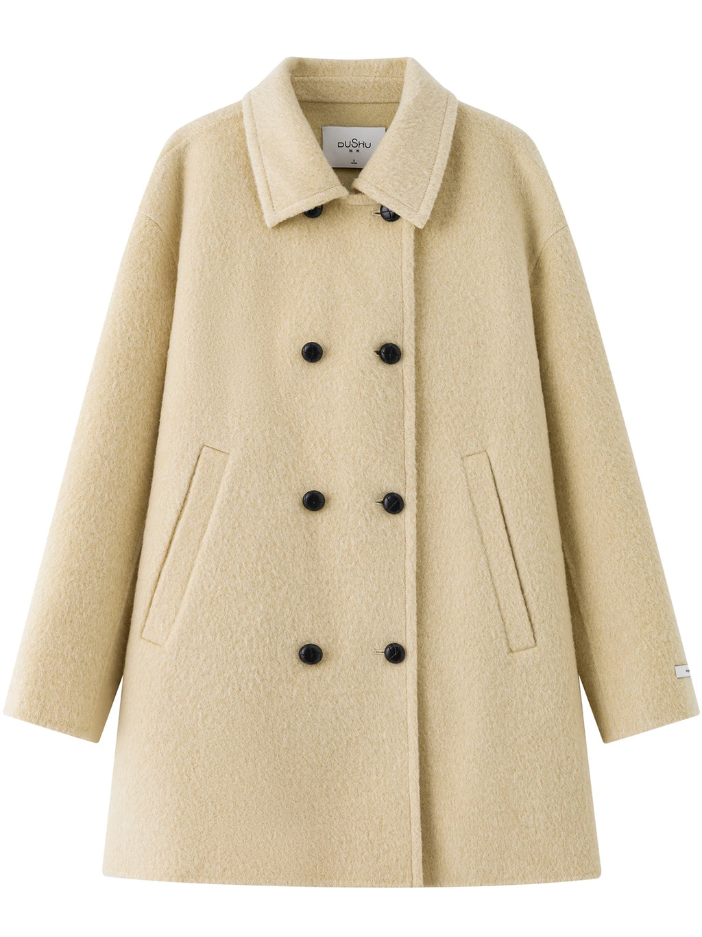 DUSHU 2025 Women's Contrast Color Double Breasted Wool Coat Winter Warm Double Faced Tweed Overcoat Elegant Loose Fit Outerwear