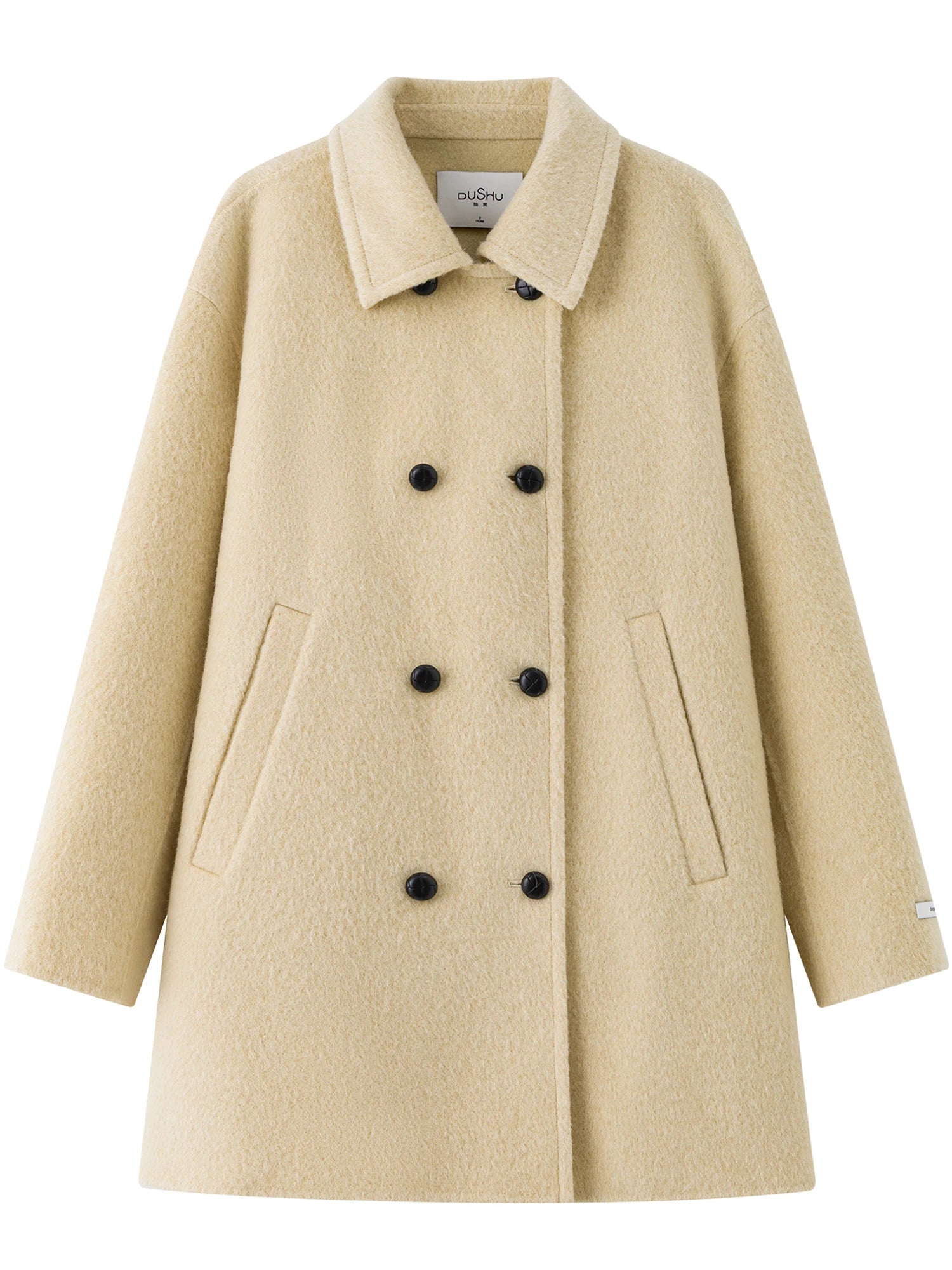 DUSHU 2025 Women's Contrast Color Double Breasted Wool Coat Winter Warm Double Faced Tweed Overcoat Elegant Loose Fit Outerwear