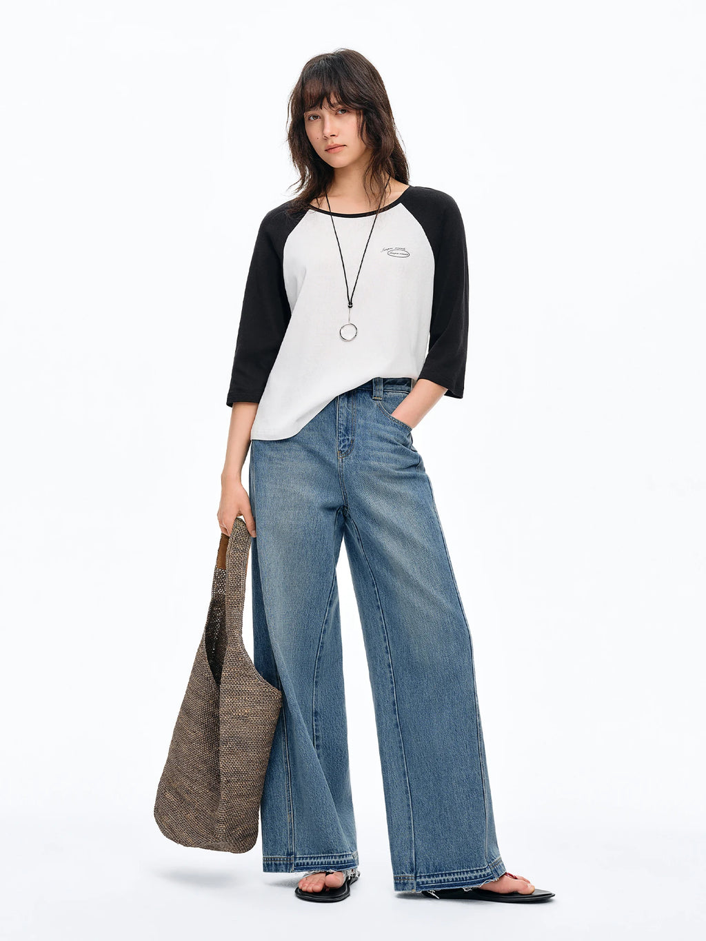 DUSHU 2026 Summer Women's Color Block Raglan Sleeve Three-Quarter T-Shirt - Casual Round Neck Top for Daily Wear and Summer
