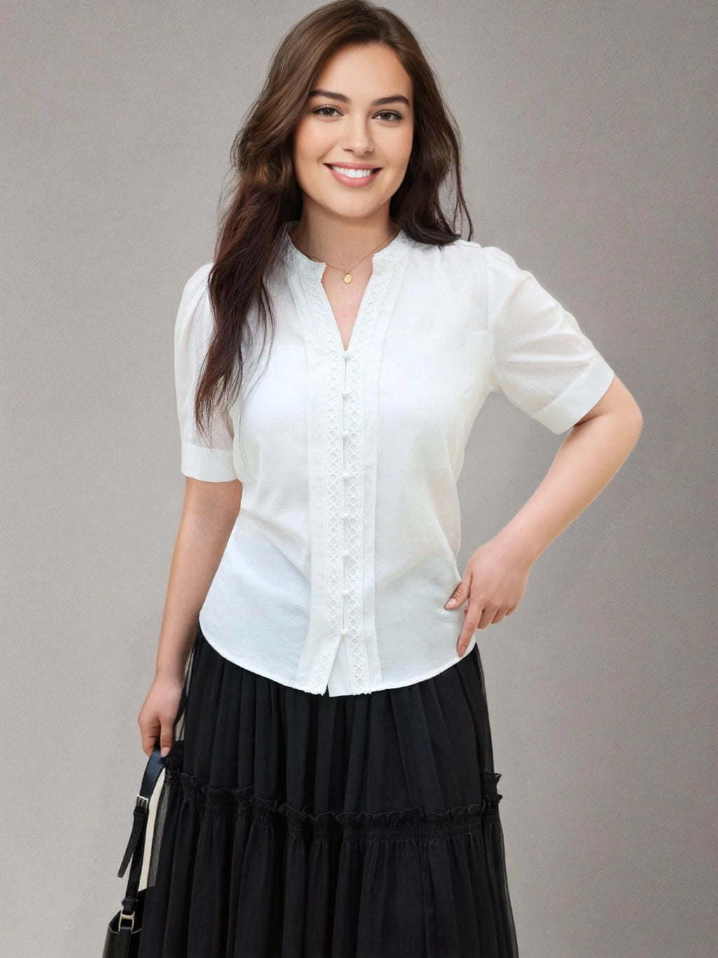 DUSHU Plus Size Women French Style Lace Short-sleeved Blouse 2025 Summer New Arrival Commuting Temperament Gentle Top 25DS82500