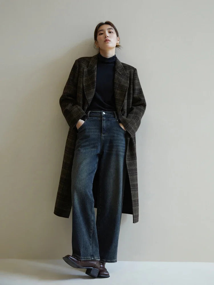 DUSHU 69.6% Wool Temperament British Style Women Long Plaid Wool Coats Notched Coolar Double Breasted Front Shoulder Female Coat
