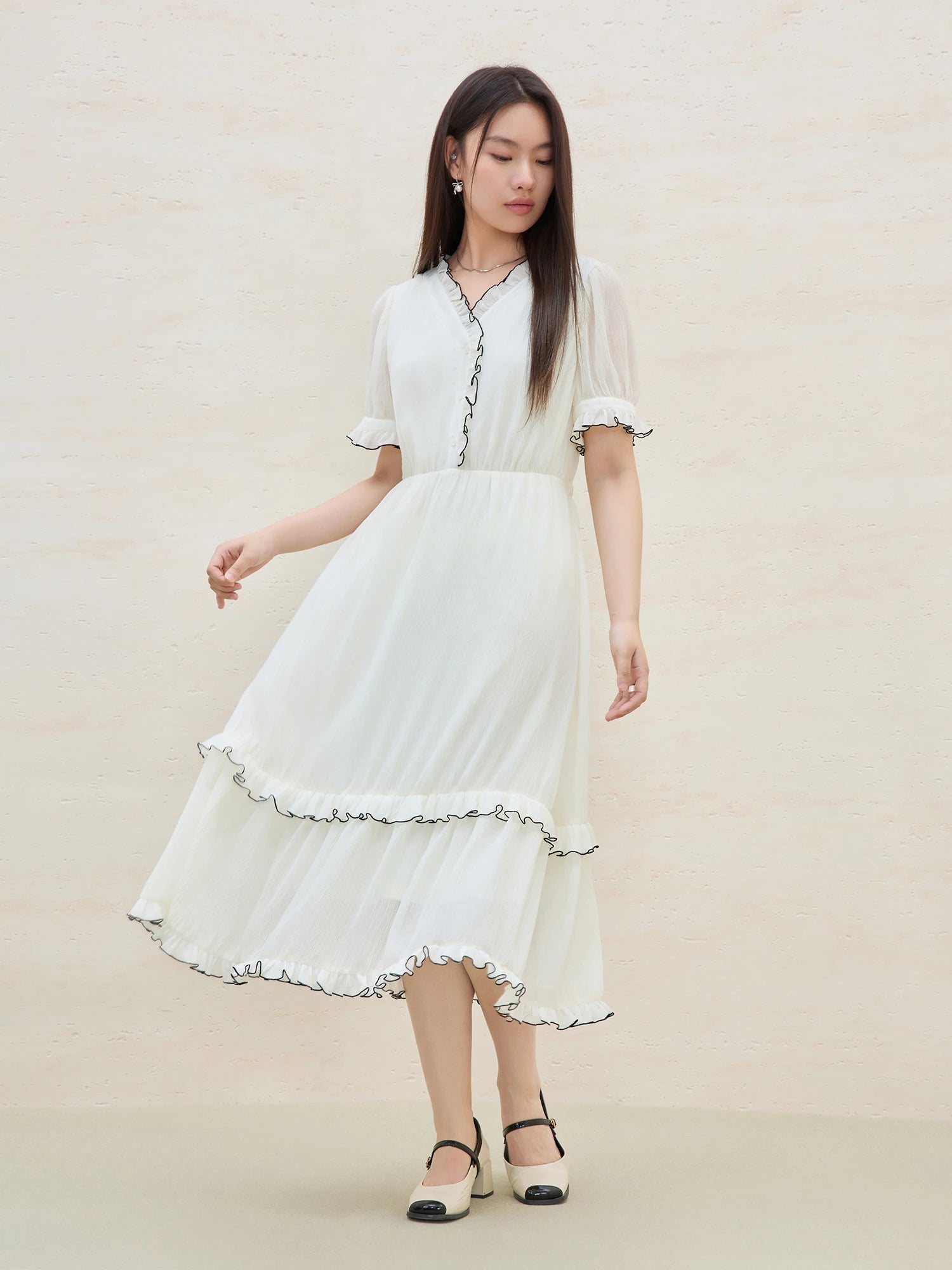 DUSHU Plus Size Women's French Temperament V-neck Contrast Color Dress 2025 Summer New Gentle Style Age-reducing Dress 25DS82327