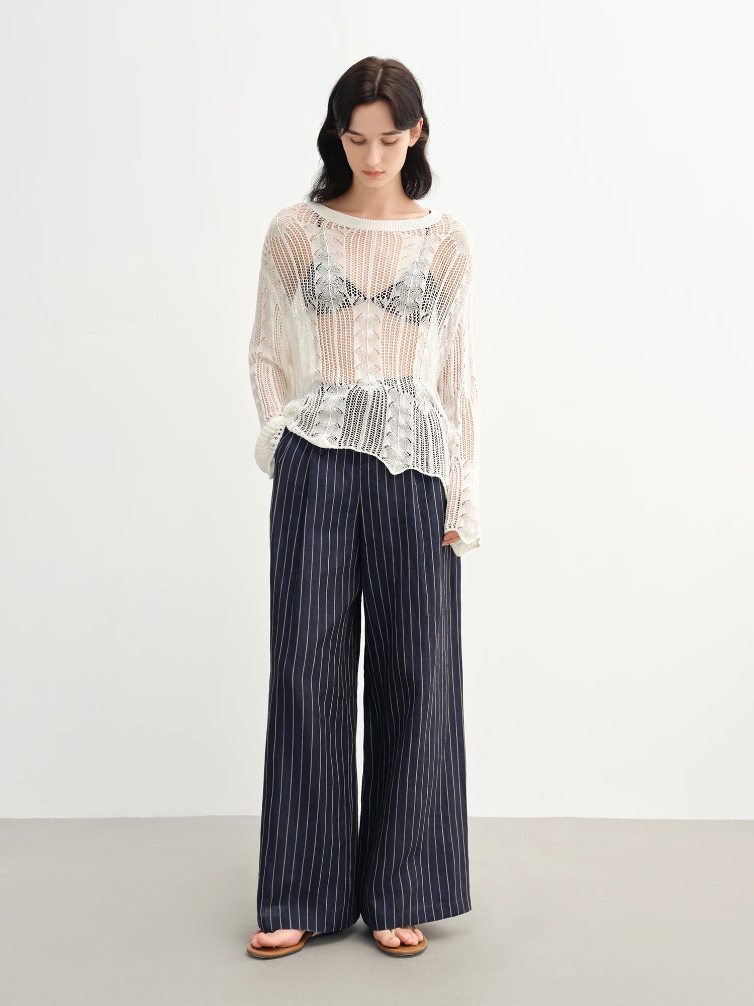 DUSHU Women's Lazy Style Straight Wide-leg Pants 2025 Summer New Striped Versatile High Waist Casual Pants 25DS82754