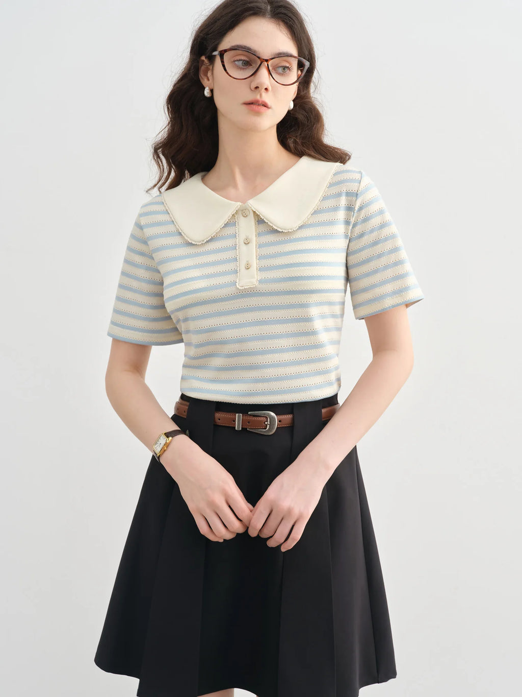 DUSHU Plus Size Sailing Style Summer Wear Striped Short-sleeved T-shirt Summer New Collar Versatile Top 25DS82561