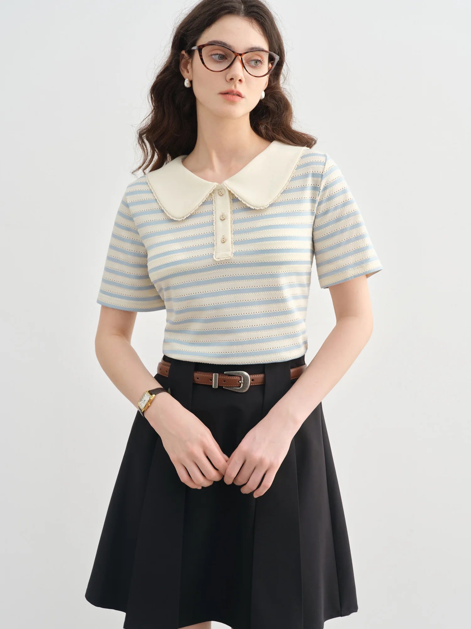 DUSHU Plus Size Sailing Style Summer Wear Striped Short-sleeved T-shirt Summer New Collar Versatile Top 25DS82561