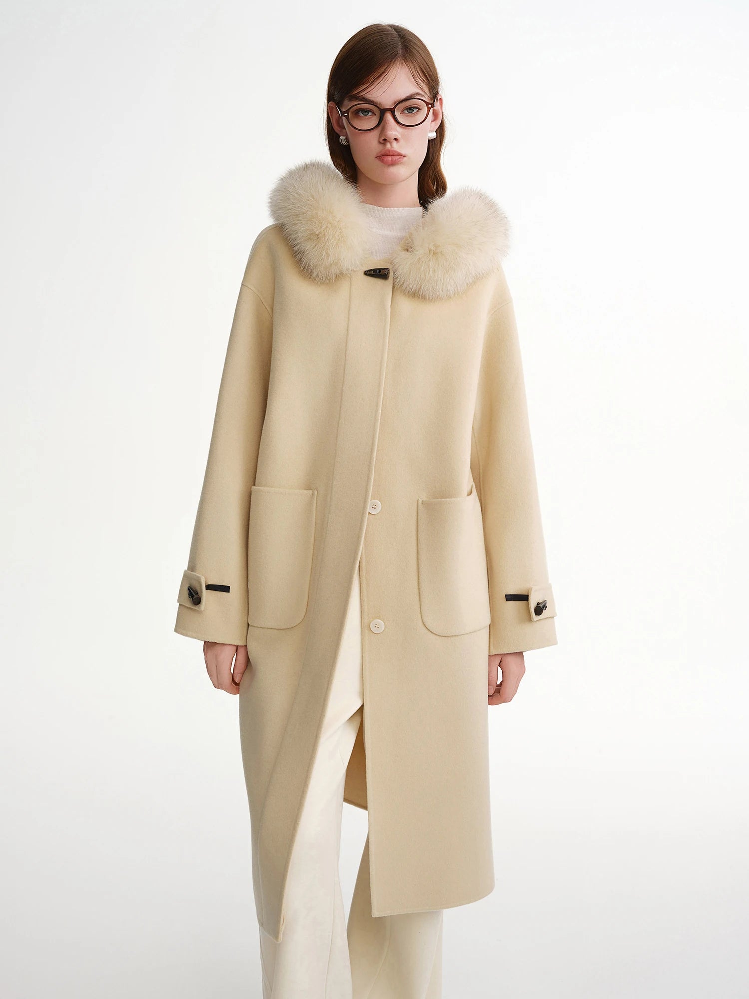DUSHU Plus-Size Women's Sunset Snow Mountain Fox Fur Collar Double-Faced Wool Overcoat: 2025 Winter New Arrival 100% Wool Coats