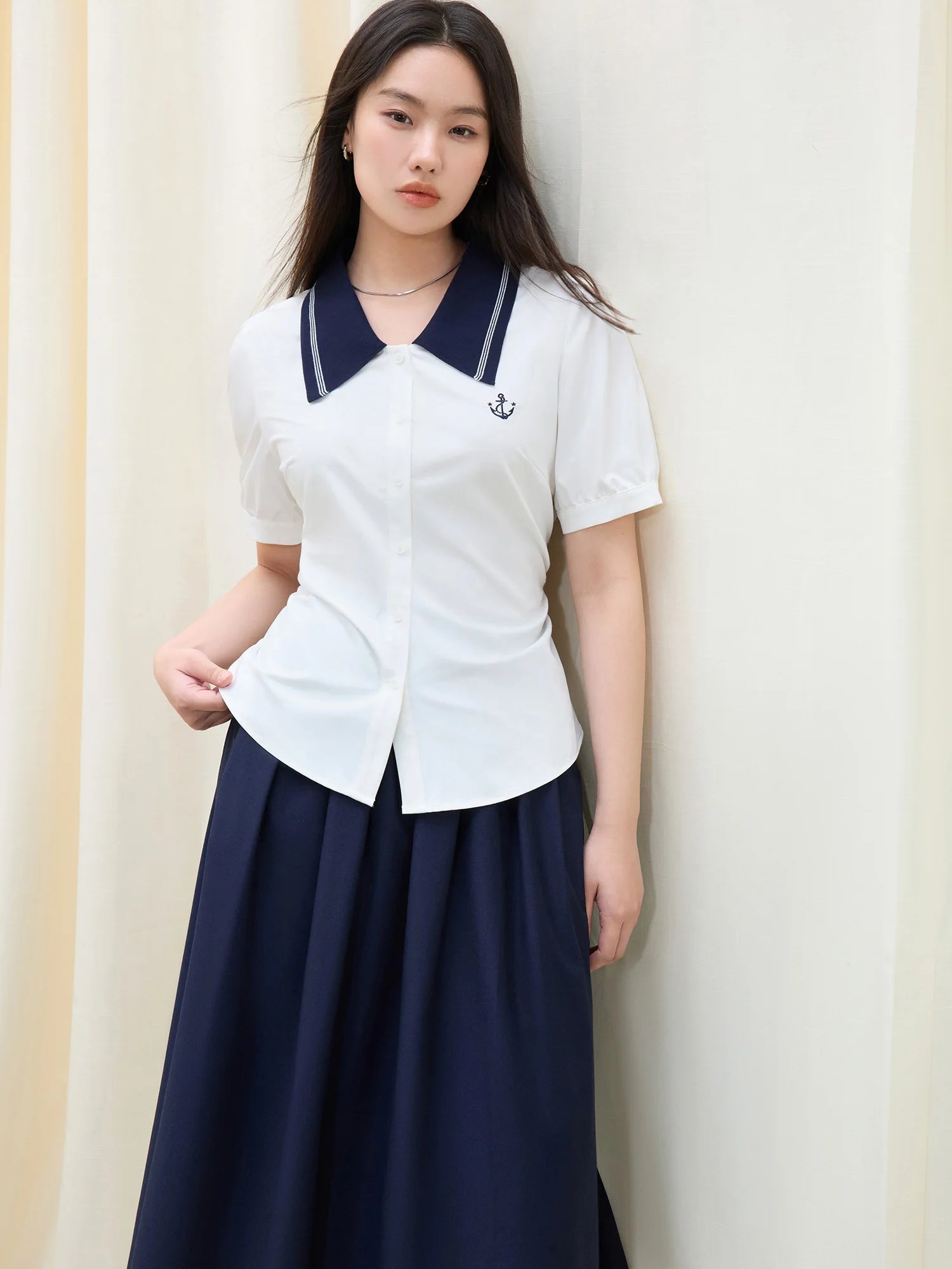 DUSHU Plus Size Versatile Navy Blue College Style Polo Shirt 2025 Summer New Design Casual Fashion Top For Women 25DS82038