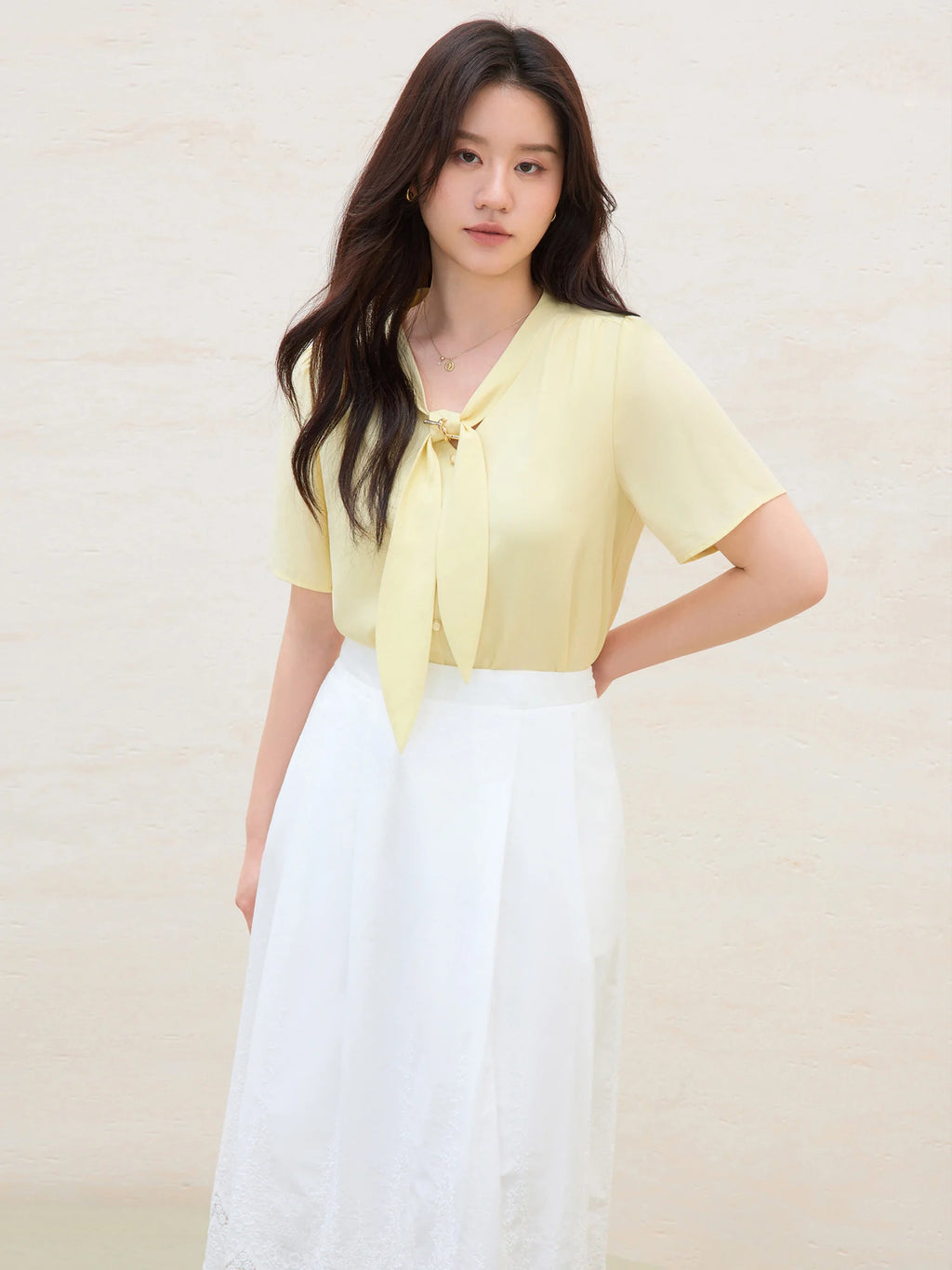 DUSHU 2025 Summer Women's Detachable Tie Blouse - Minimalist Office Wear with Flattering Silhouette & Versatile Styling
