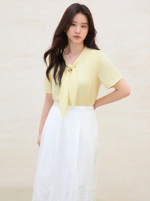 DUSHU 2025 Summer Women's Detachable Tie Blouse - Minimalist Office Wear with Flattering Silhouette & Versatile Styling