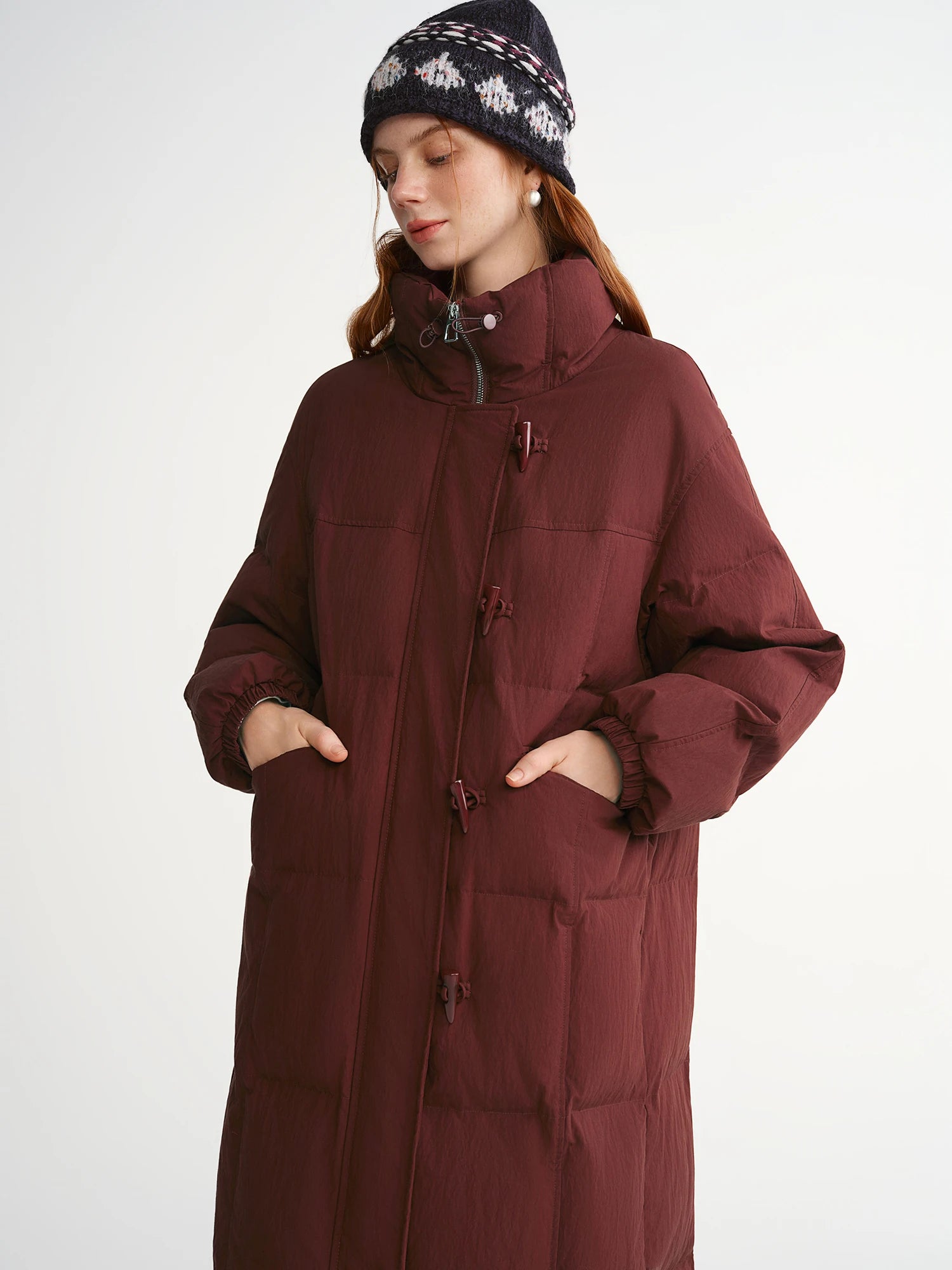 DUSHU Stand Collar Horn Button Long Down Jacket 2025 White Duck Down Jacket Simple Solid Leisure Straight Coats Loose Fit