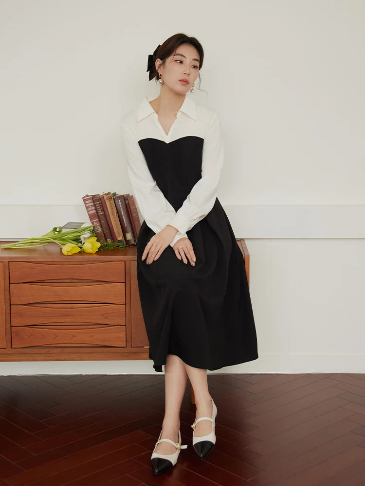 DUSHU Large Size Tulip Skirt Double Version Dress for Women Black and White Splicing Slim Spring New Style Commuter Dress Female