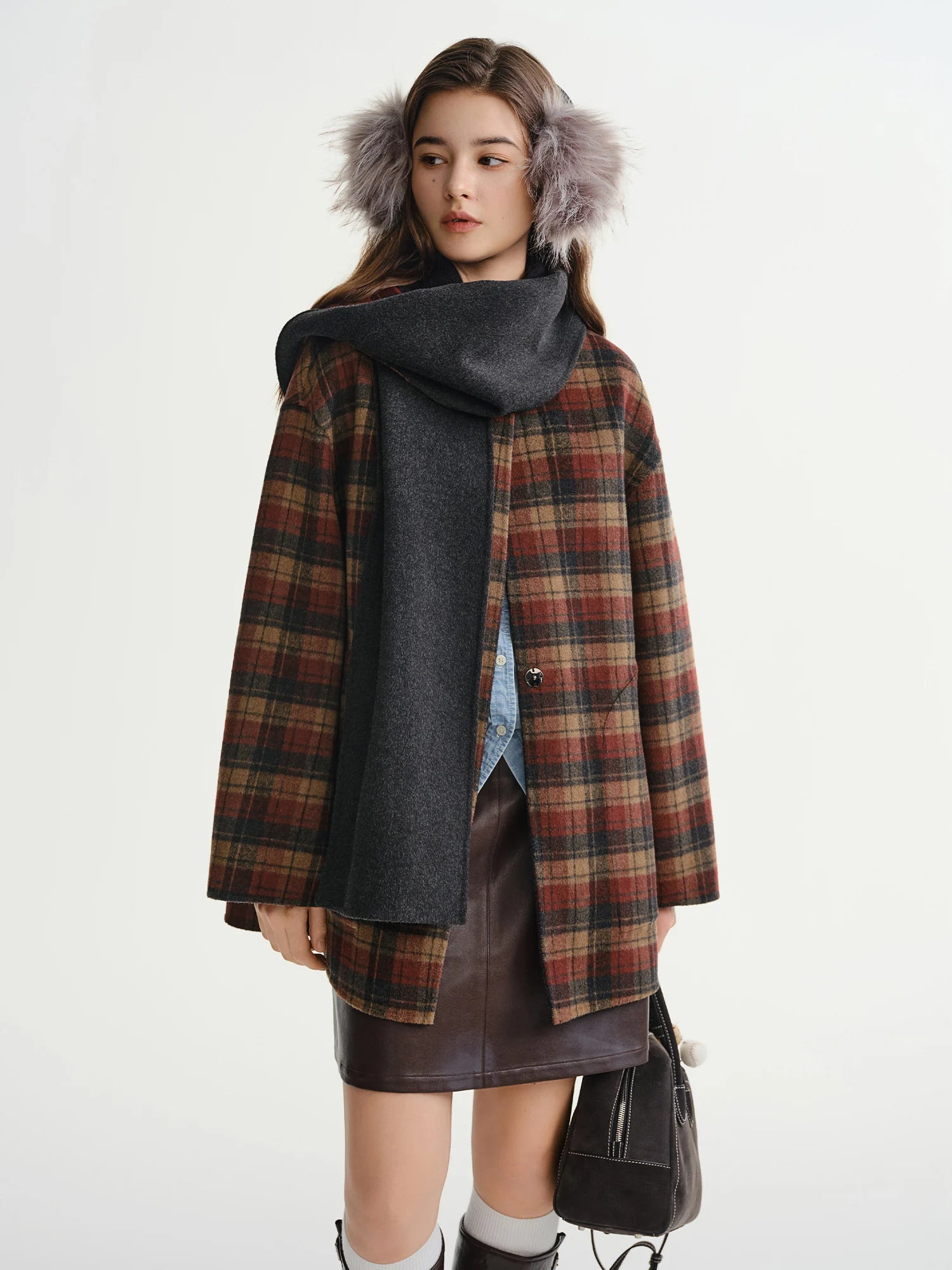 DUSHU Plus Size Women Two Sided Wear Vintage Plaid Wrap Coat 2025 Winter Tweed Overcoat Reversible Long Coat Detachable Scarf