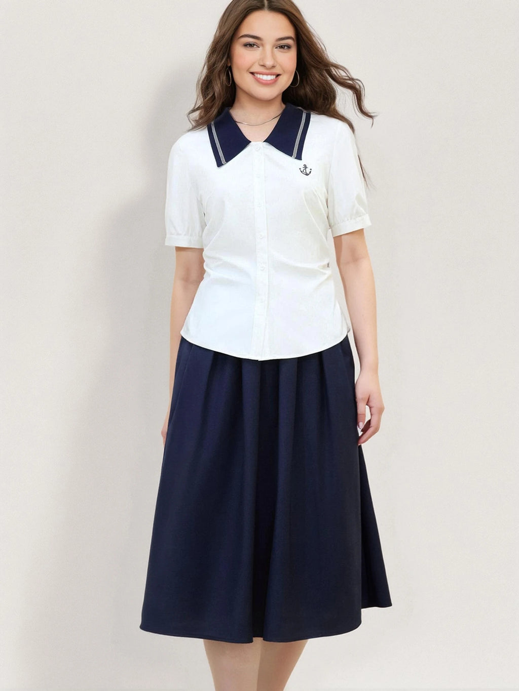 DUSHU Plus Size Versatile Navy Blue College Style Polo Shirt 2025 Summer New Design Casual Fashion Top For Women 25DS82038