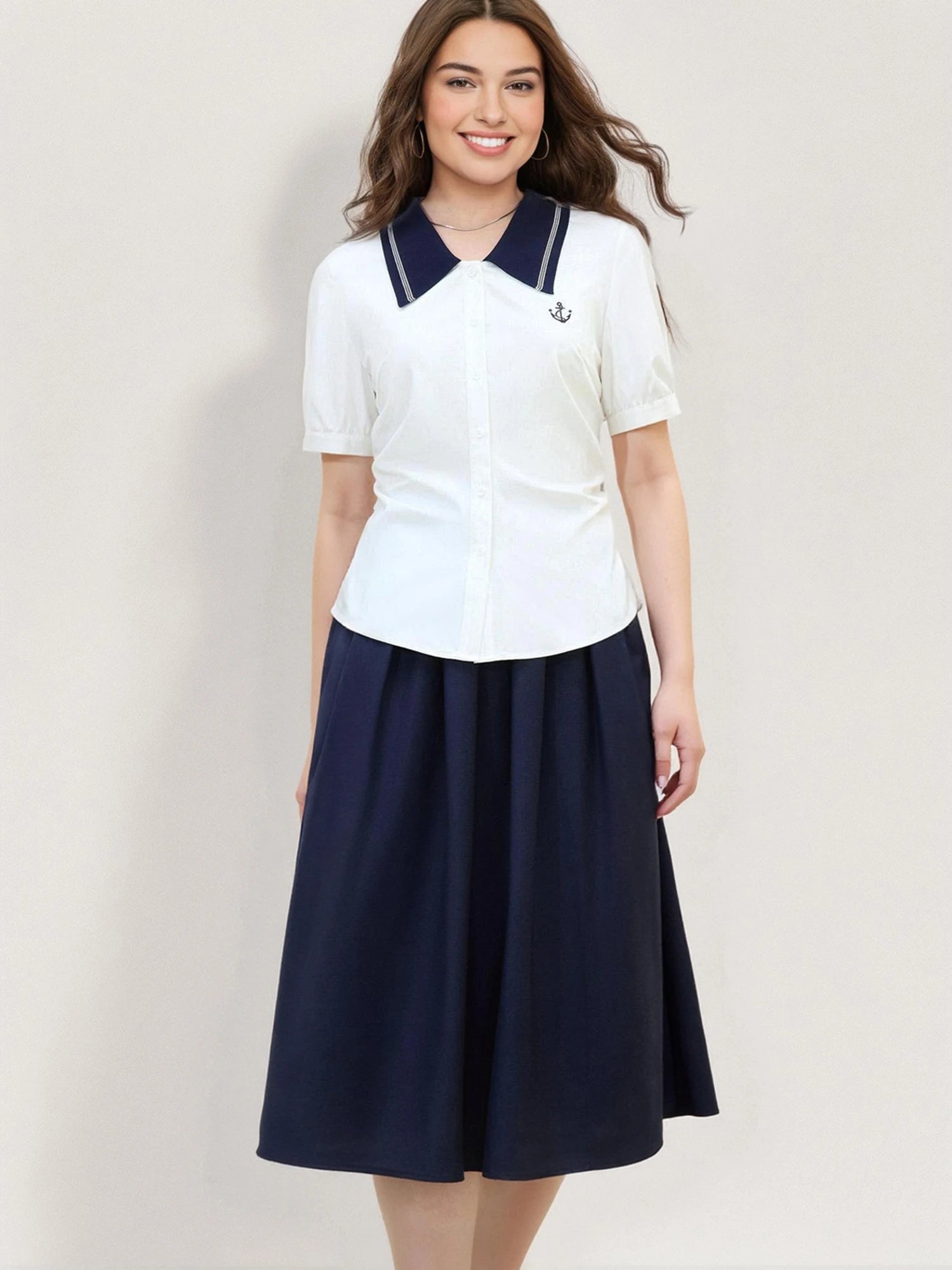 DUSHU Plus Size Versatile Navy Blue College Style Polo Shirt 2025 Summer New Design Casual Fashion Top For Women 25DS82038