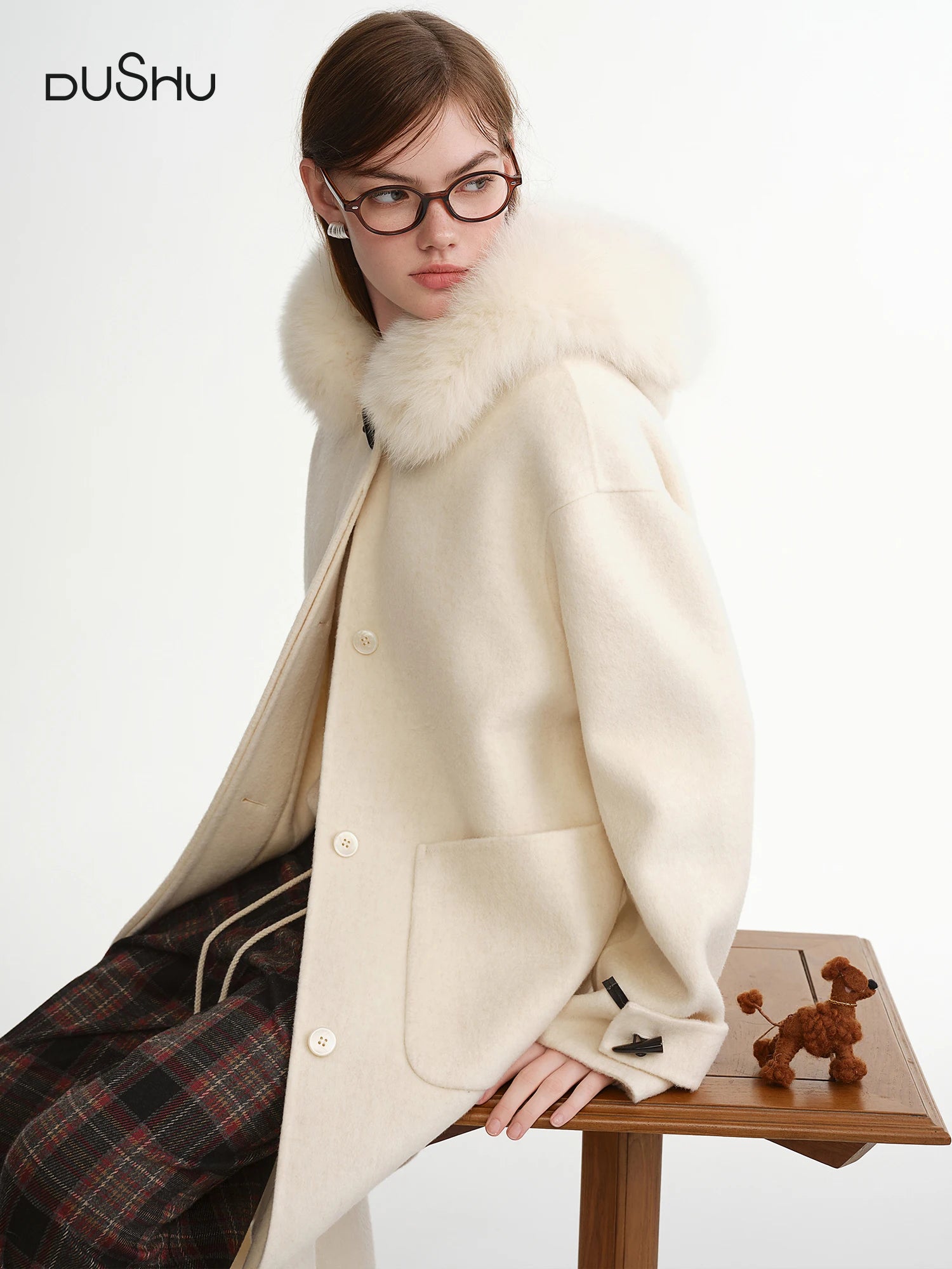 DUSHU Plus-Size Women's Sunset Snow Mountain Fox Fur Collar Double-Faced Wool Overcoat: 2025 Winter New Arrival 100% Wool Coats