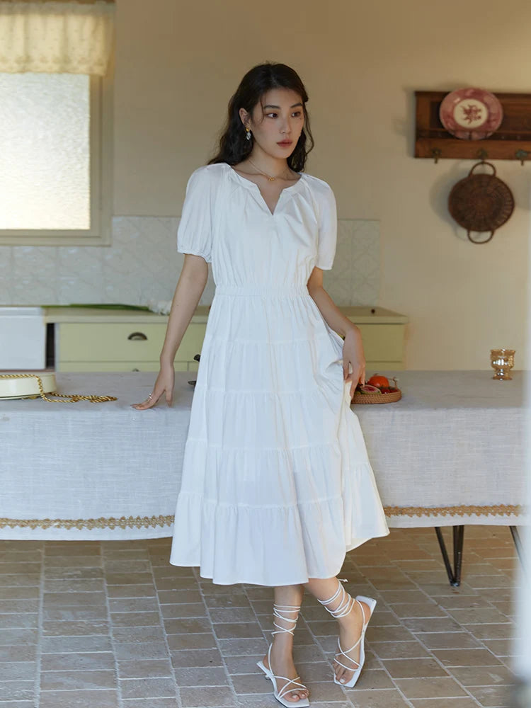 DUSHU Solid Women V-Neck Summer Long Dress Stepped Pleated Skirt Heavy Industrial Slimming Dress French Casual Female Dresses