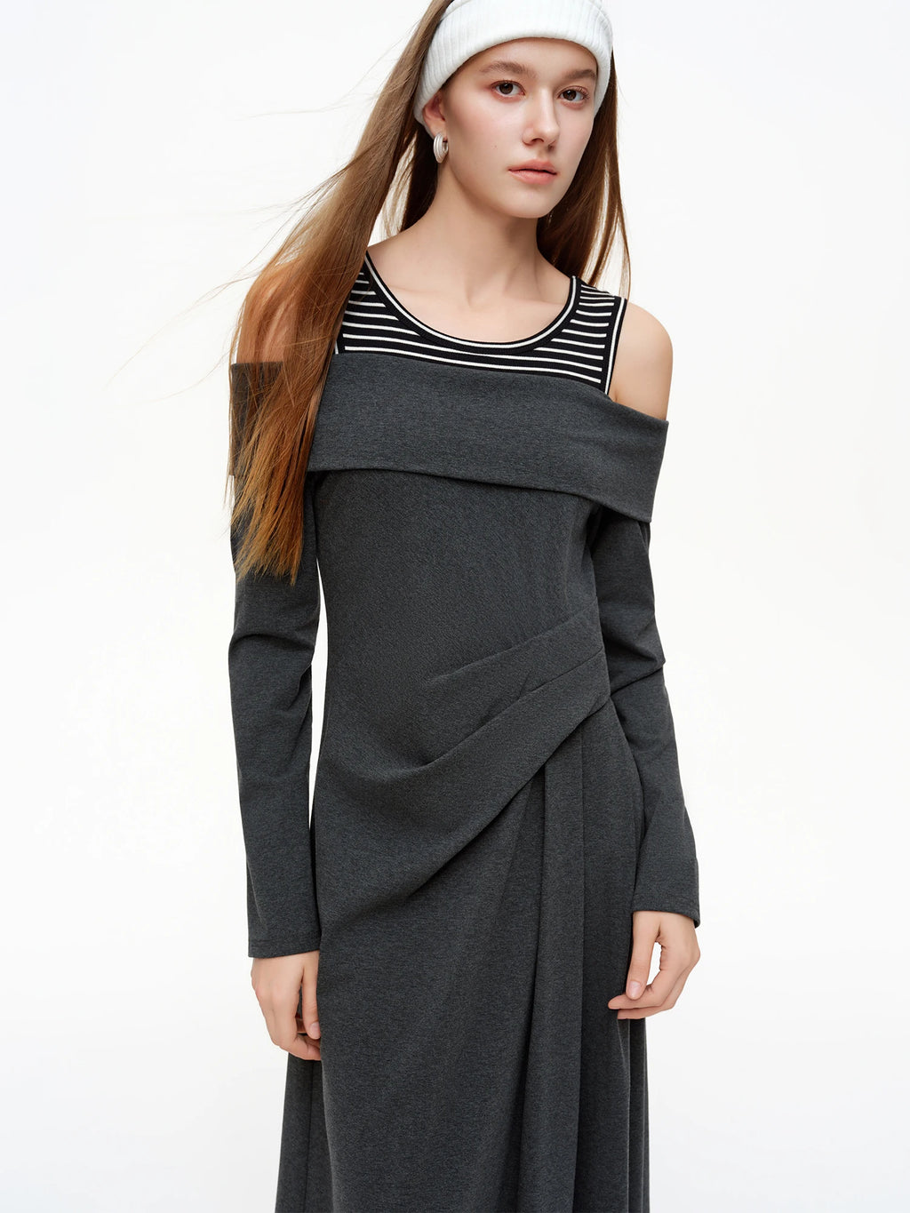 DUSHU Striped Patchwork Off-shoulder Dresses Women 2026 Spring Collection A-line Midi-length Sundress Daily Cozy Elegant BF