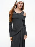 DUSHU Striped Patchwork Off-shoulder Dresses Women 2026 Spring Collection A-line Midi-length Sundress Daily Cozy Elegant BF