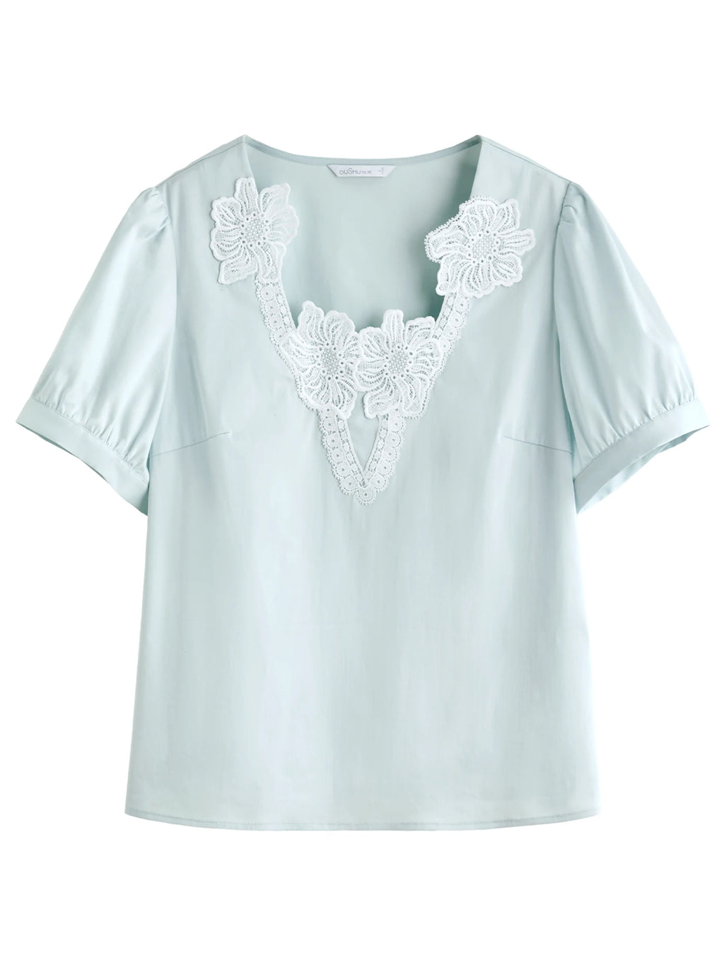 DUSHU Plus Size Women's Exquisite Lace Short-sleeved Blouse 2025 Summer New Embroidery Lace V-neck Slim Top 25DS82315