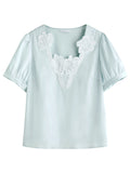 DUSHU Plus Size Women's Exquisite Lace Short-sleeved Blouse 2025 Summer New Embroidery Lace V-neck Slim Top 25DS82315