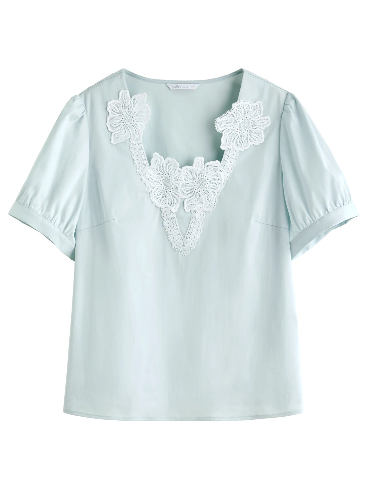 DUSHU Plus Size Women's Exquisite Lace Short-sleeved Blouse 2025 Summer New Embroidery Lace V-neck Slim Top 25DS82315