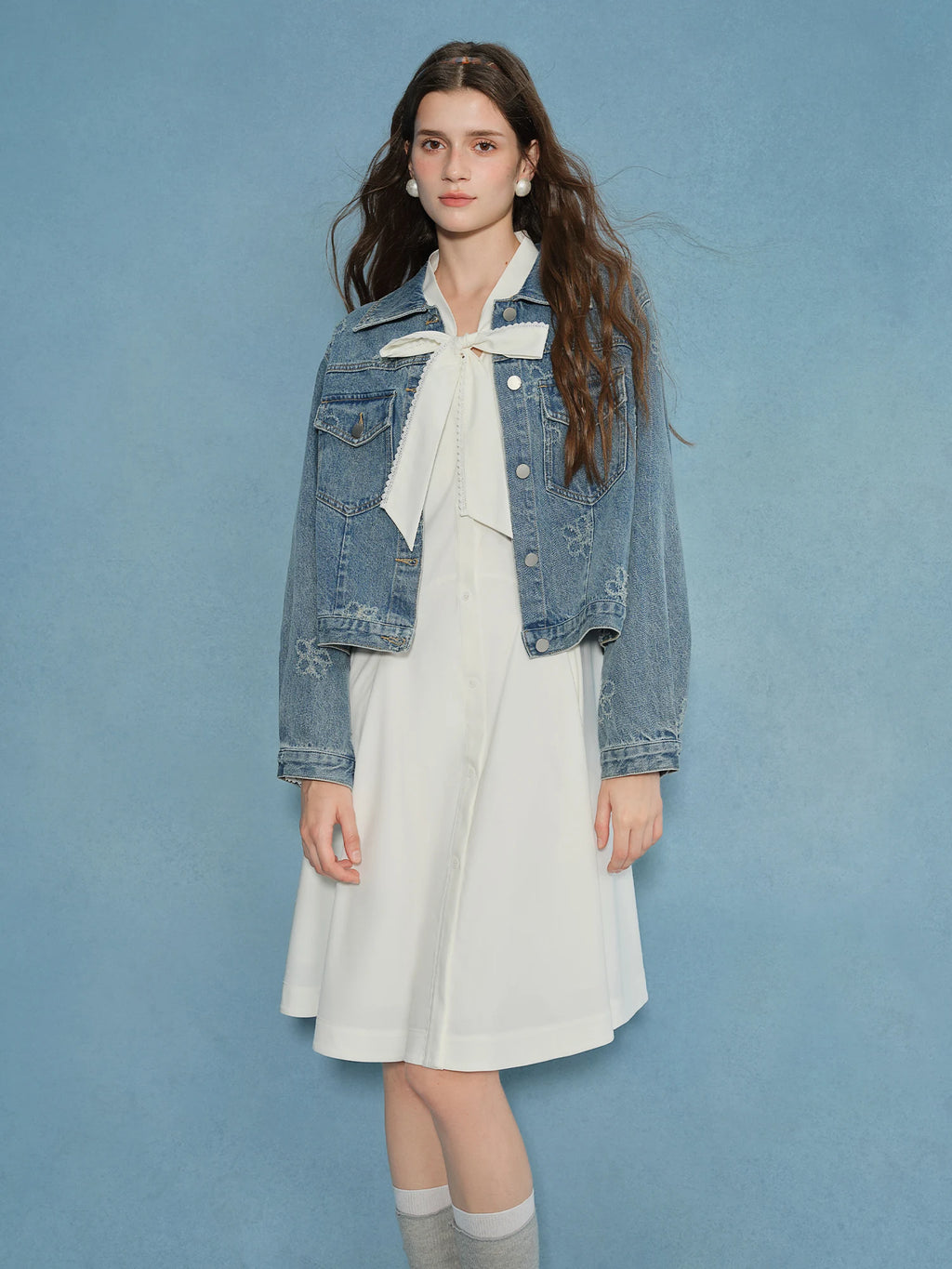 DUSHU Plus Size Women's Bow Affection Lace Draped Collar Blouse Dress 2025 Autumn Collection White Cocktail Dress 25DS83239