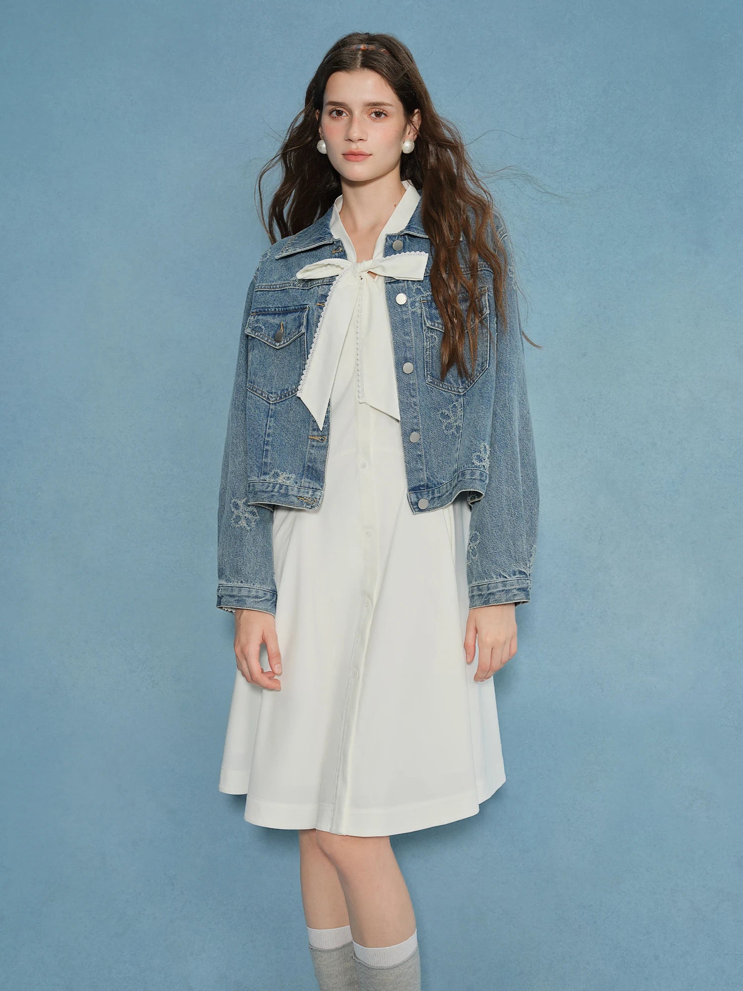 DUSHU Plus Size Women's Bow Affection Lace Draped Collar Blouse Dress 2025 Autumn Collection White Cocktail Dress 25DS83239