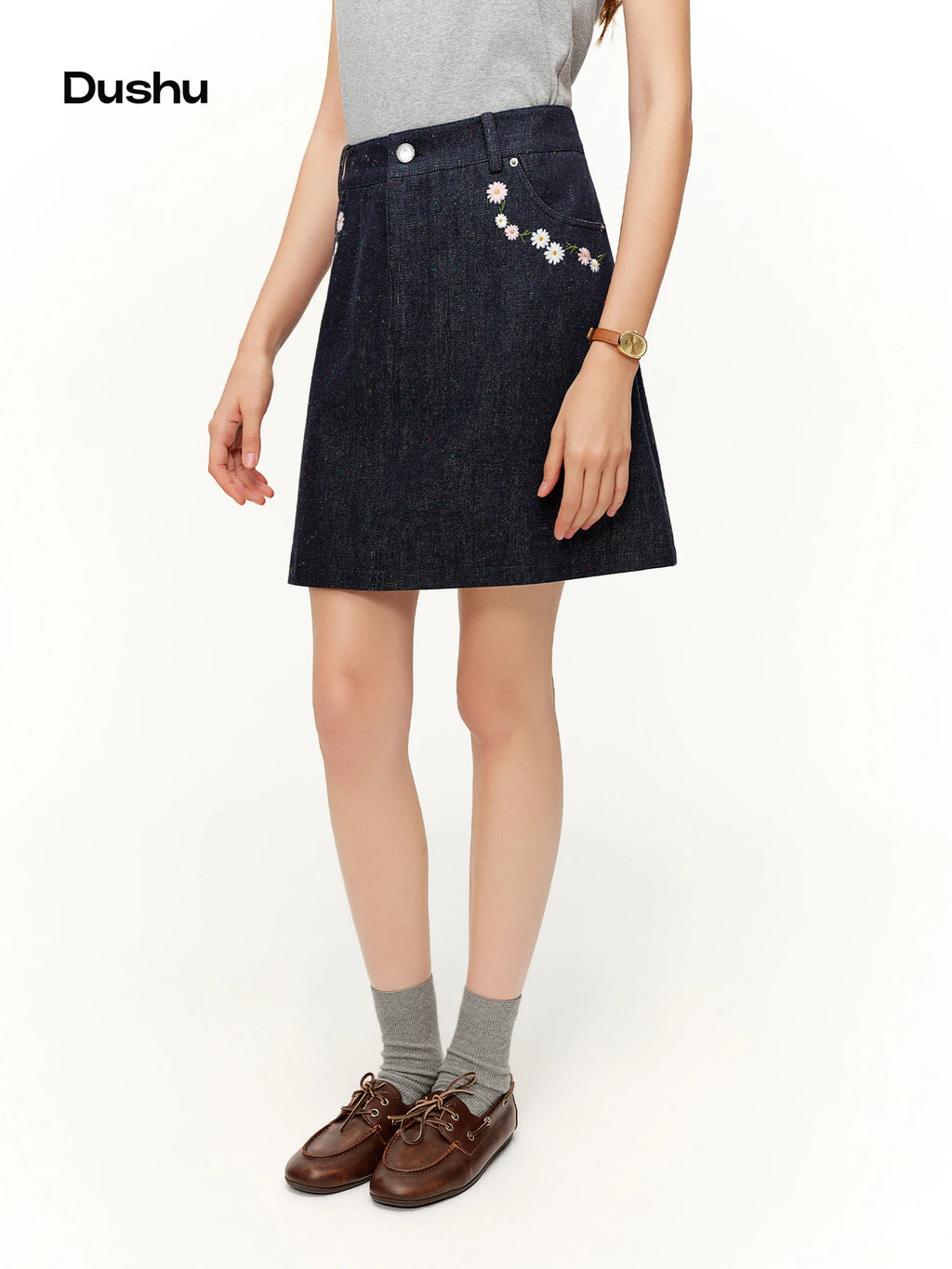 DUSHU Women Floral Embroidered Colorful Dot Denim Skirt Spring 2026 New Arrival Slimming High-Waisted A-Line Thigh Length Skirt