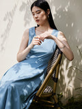 DUSHU White Sleeveless Women Summer Long Dress Cotton Blend Simple Temperament Blue Office Lady Big Hem Dress 24DS82849