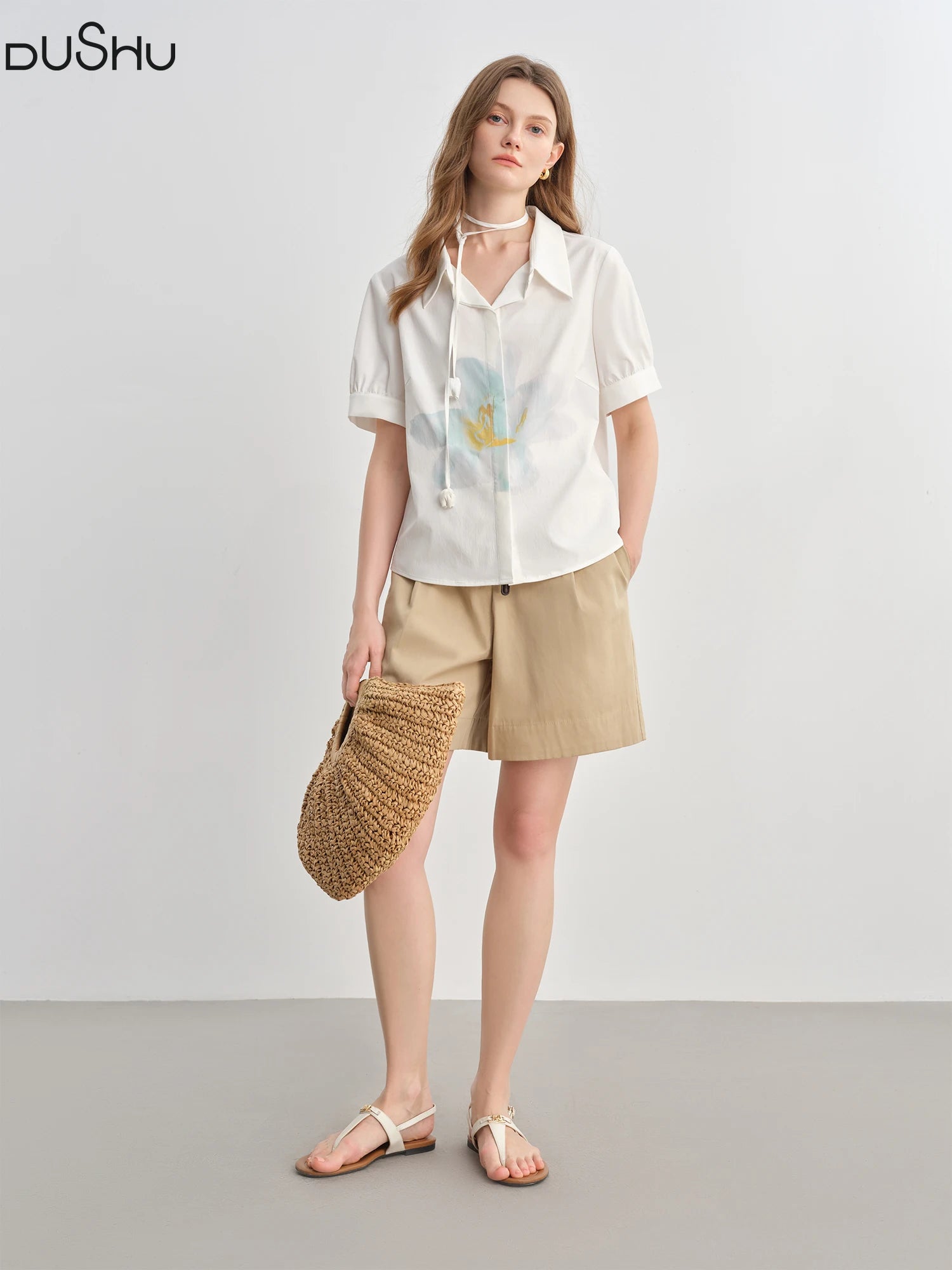 DUSHU 2025 Summer Women's Curve-Flattering Artistic Print Shirt - Relaxed Fit & Unique Pattern Design for Casual Chic