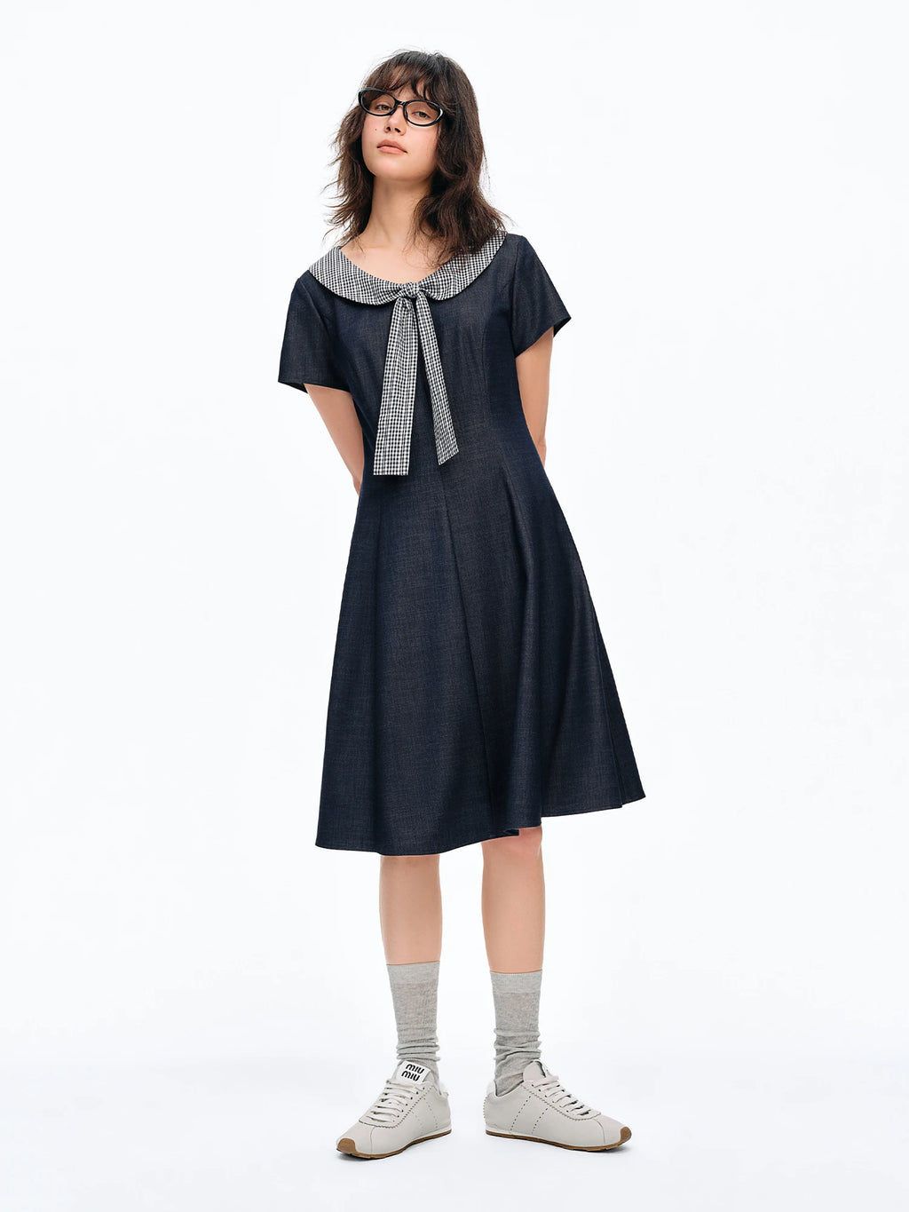 DUSHU 2026 Summer Women's Plaid Peter Pan Collar Dress with Bow Accent - Playful Elegant Midi for Daily Outings Special Events