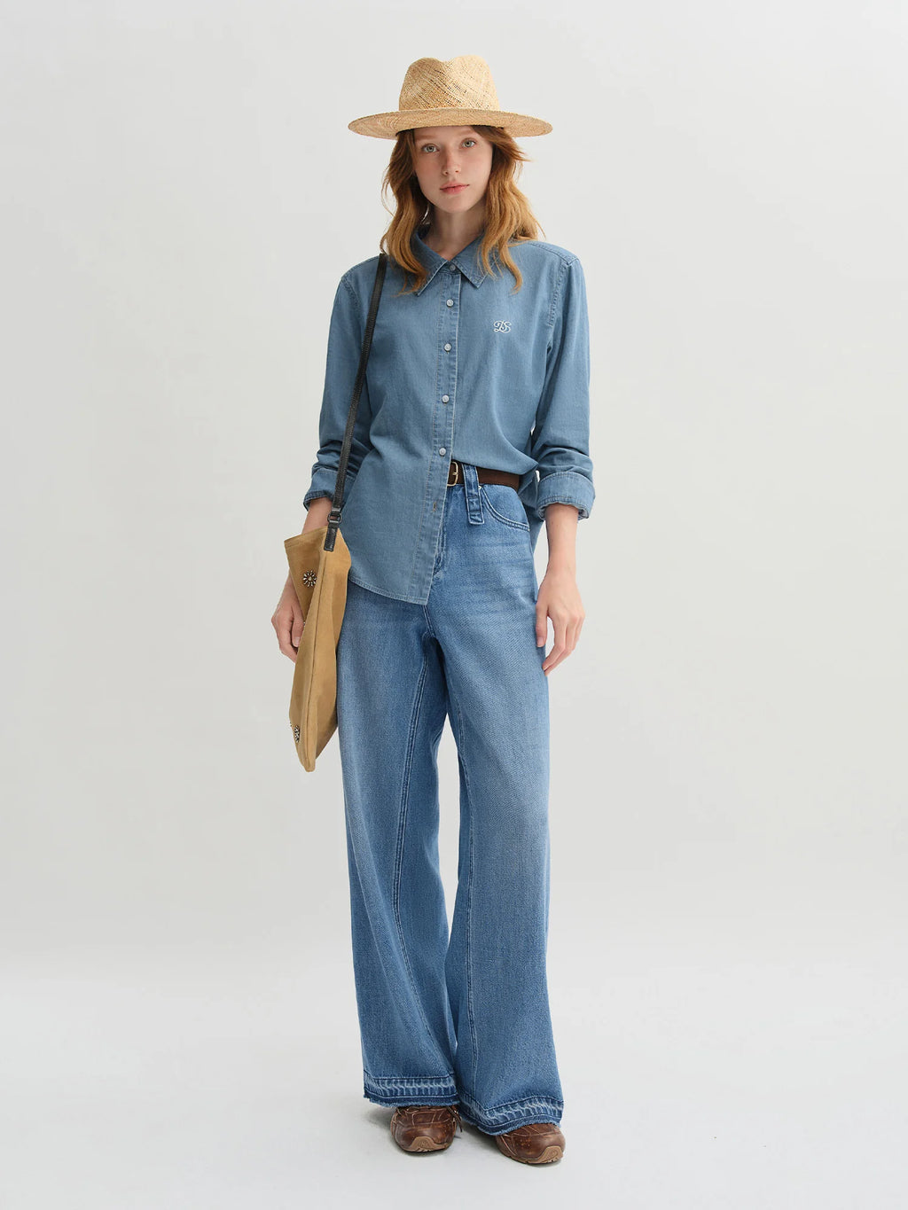 DUSHU Plus Size Double Collar Design Denim Shirt For Women 2025 New Arrival Autumn French Style Top 25DS83269+25DS83083