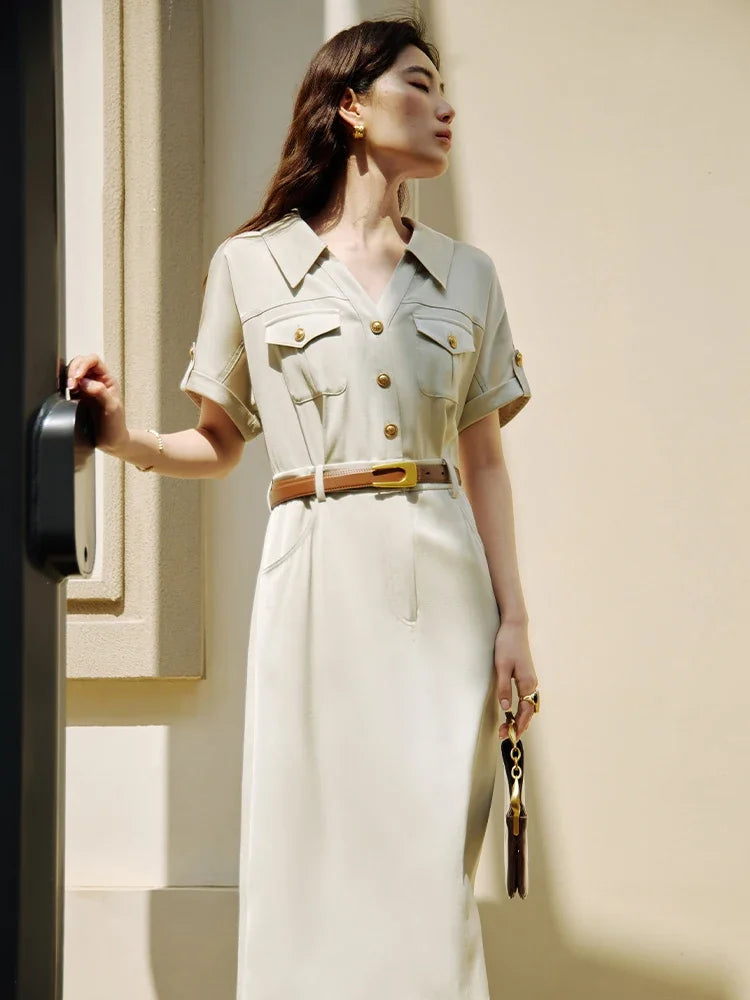 DUSHU 20.6% Acetate Women Khaki Temperament Long Single Breasted Dresses Turn-Down Collar Short Sleeve Women Dress 24DS82361