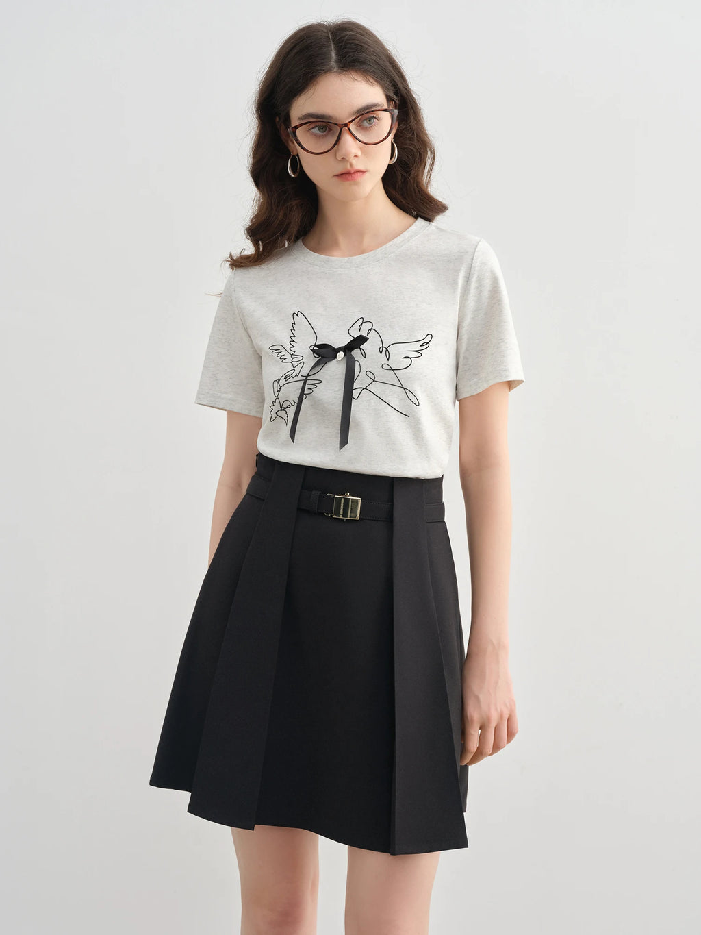 DUSHU Plus-Size Women's Abstract Bird Design 3D Bow Print T-Shirt - 2025 Summer New Arrival, Commuter Short Sleeve 25DS82270