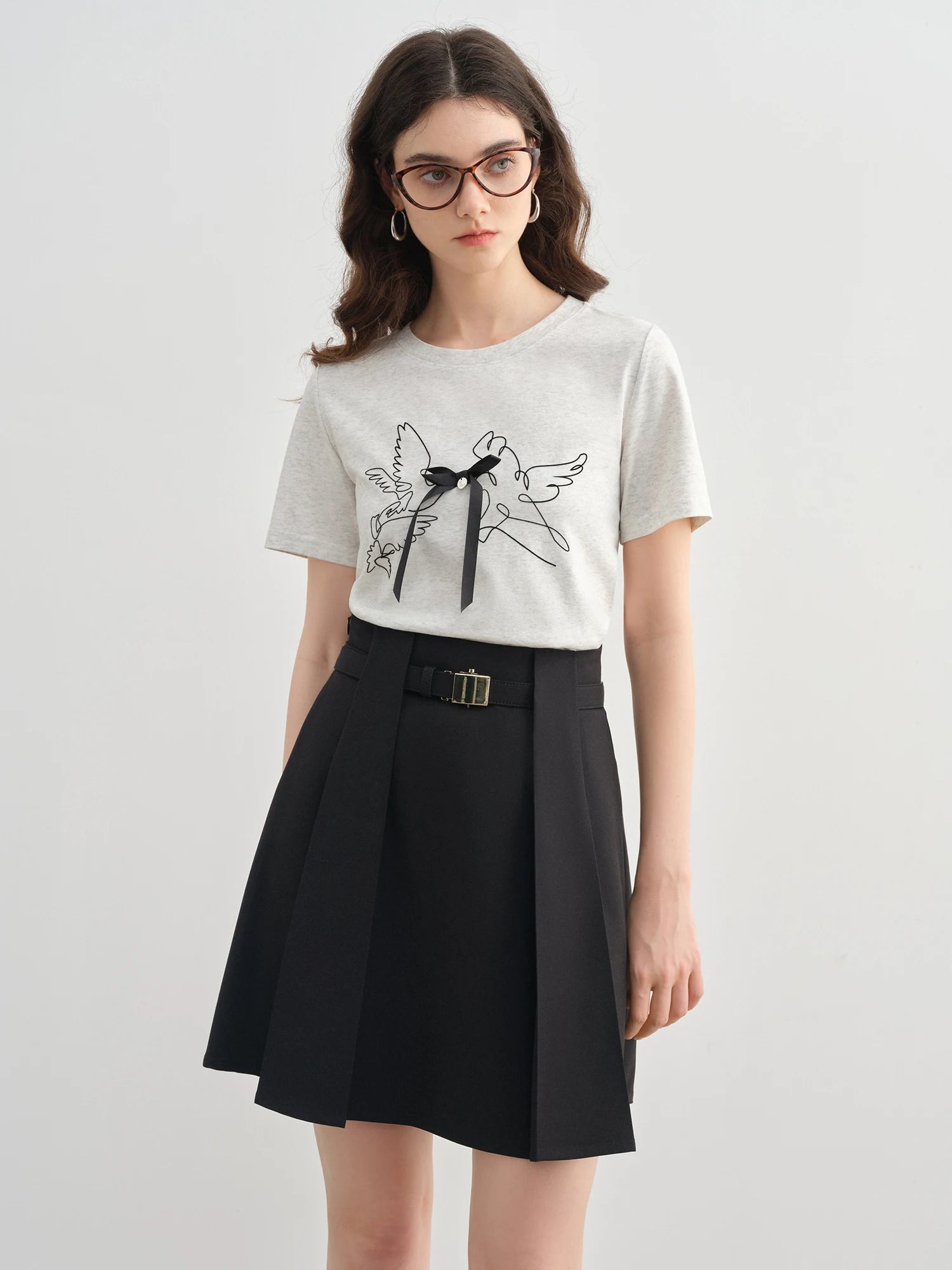 DUSHU Plus-Size Women's Abstract Bird Design 3D Bow Print T-Shirt - 2025 Summer New Arrival, Commuter Short Sleeve 25DS82270