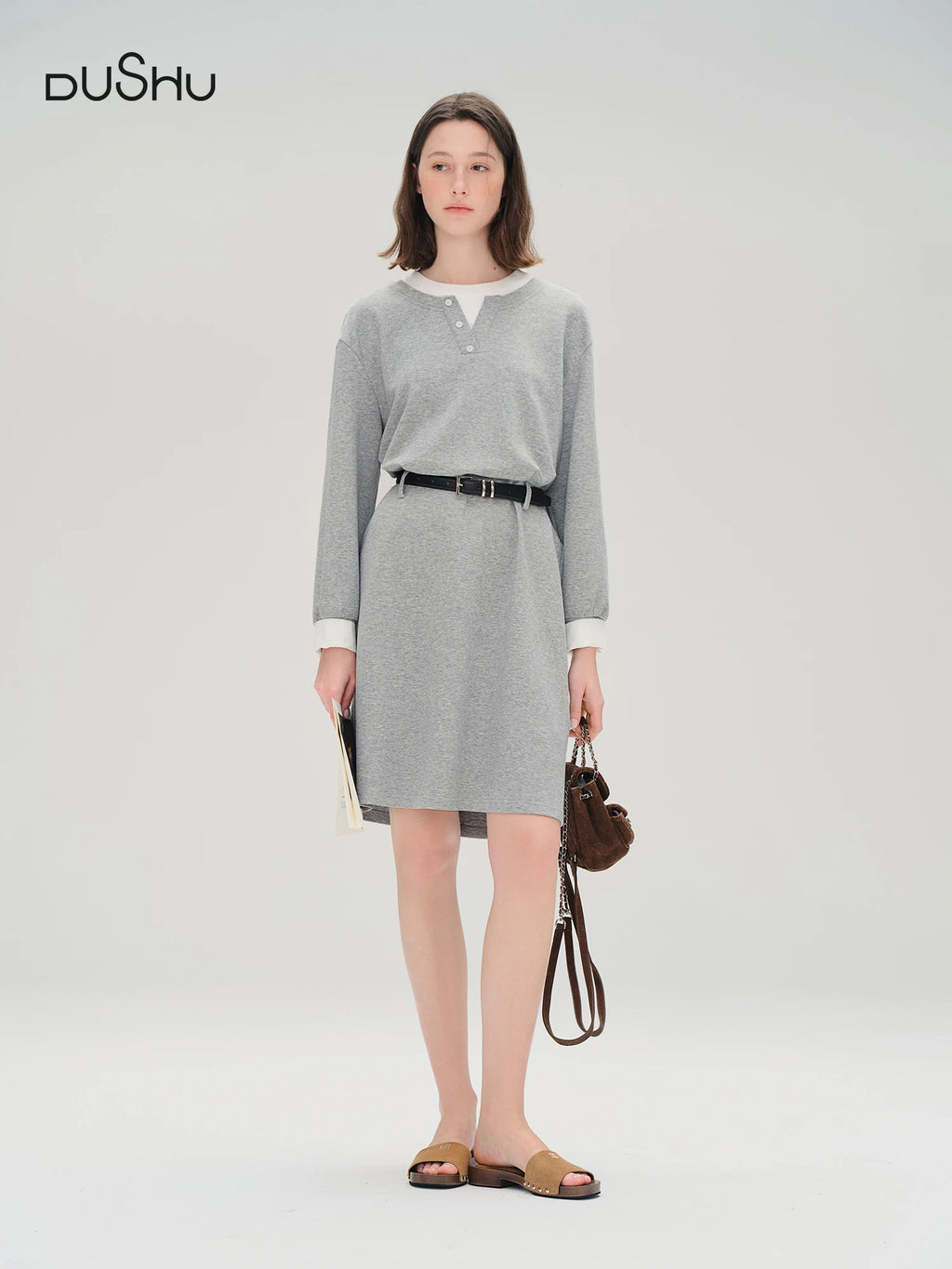 FSLE Autumn 2025 Women's Mock Layer Dress - Flattering Fit Versatile Length Shift Style Casual Elegant with Lace Trim