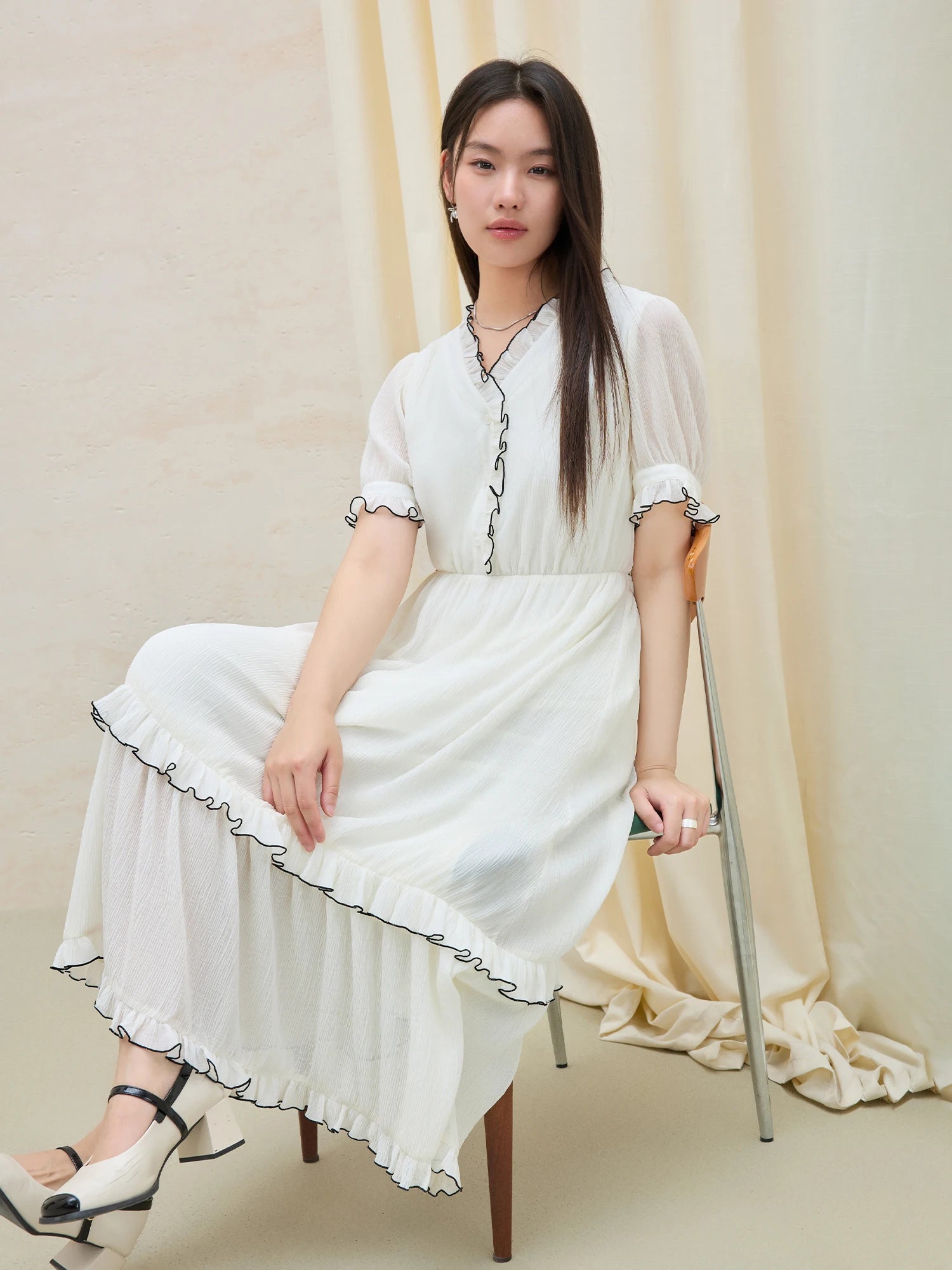 DUSHU Plus Size Women's French Temperament V-neck Contrast Color Dress 2025 Summer New Gentle Style Age-reducing Dress 25DS82327