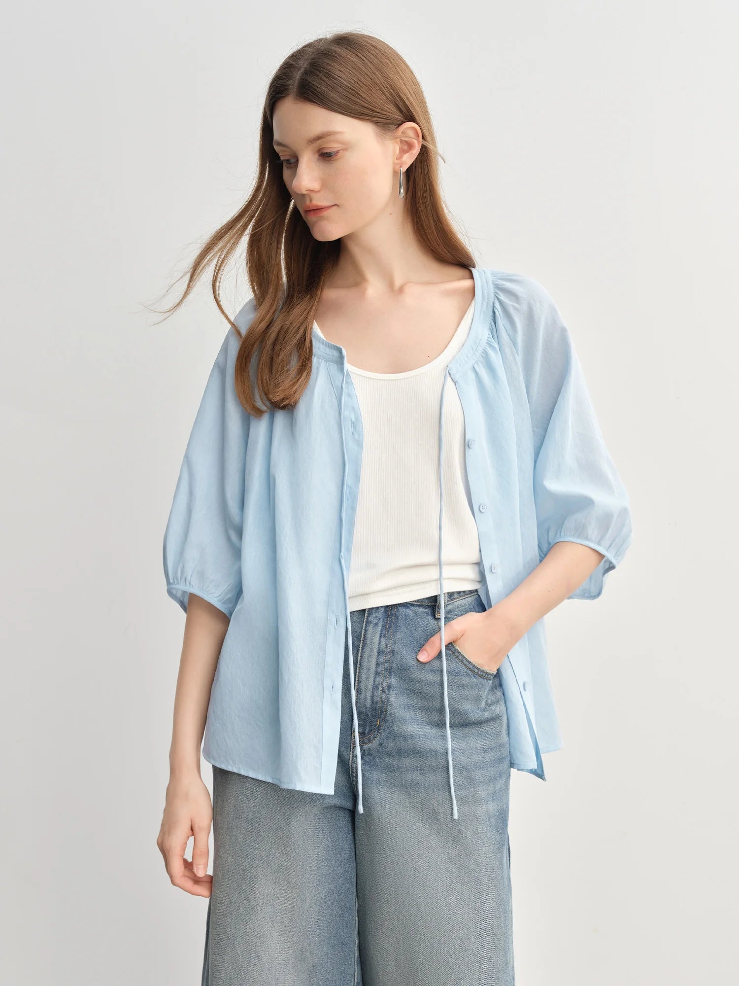 DUSHU Sweet Tie-neck Half-sleeve Thin Blouse Summer New Product Fat Cover Meat Thin Two-wear Top 25DS82917