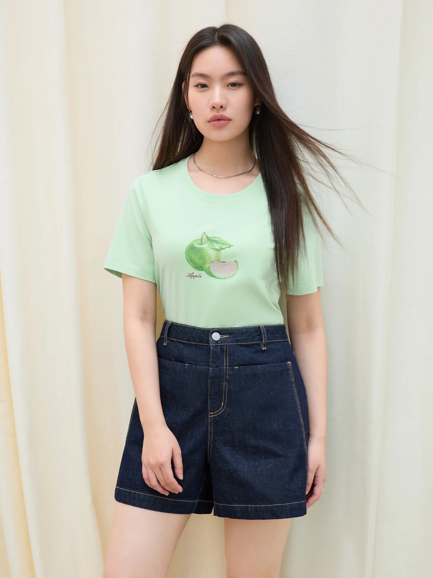 DUSHU 2025 Summer Women's Fruit Print Crystal T-Shirt - Dual-Tone Design & Breathable Cotton Blend for Casual Chic Style