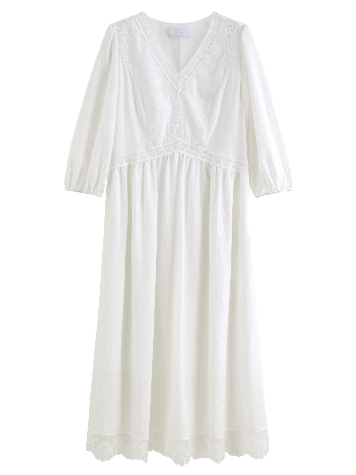 DUSHU 2026 Spring Women's Lace Panel V-Neck A-Line Dress - Flattering Slim Fit Office Commute Mid-Length Elegant Dress