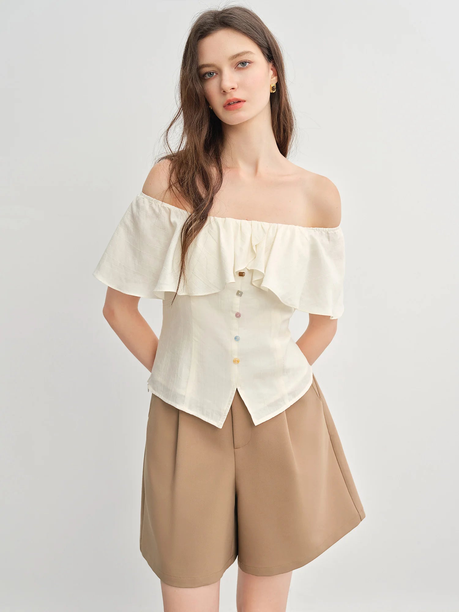 DUSHU Women's French Lazy Style One-shoulder Lotus Leaf Collar Shirt 2025 Summer New Arrival Slightly Fresh Top 25DS82379