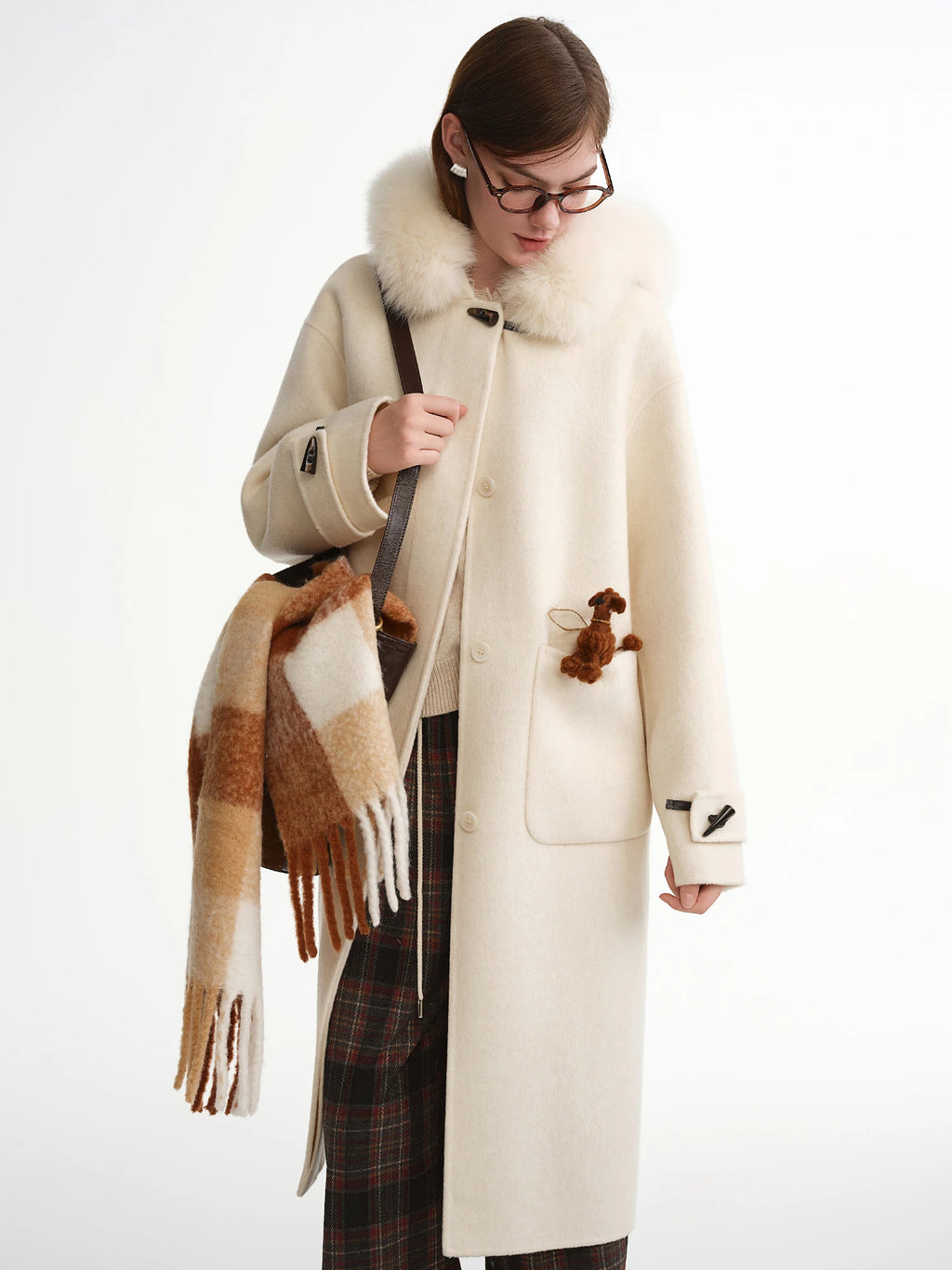 DUSHU Plus-Size Women's Sunset Snow Mountain Fox Fur Collar Double-Faced Wool Overcoat: 2025 Winter New Arrival 100% Wool Coats