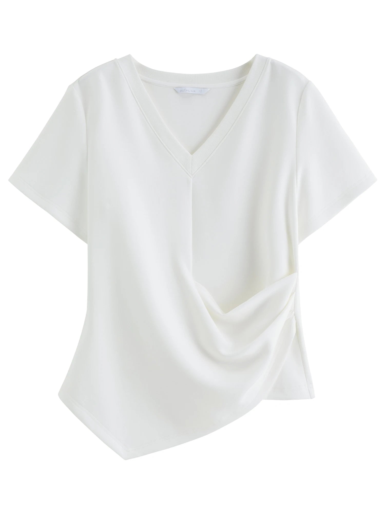 DUSHU Women's Pleated Waist-Defining Asymmetrical T-Shirt: 2026 Spring New Versatile Fitted Short Sleeve Top Essentials V-neck