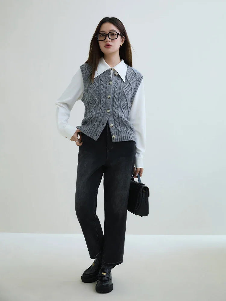DUSHU 94.3% Cotton Denim White Women Tapered Jeans 2023 Winter New Casual Brushed Fleece Smoke Gray Women Jean Cropped Pants
